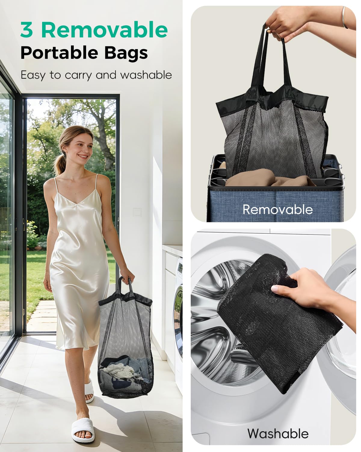 MECINFUL 3 Bin Laundry Hamper 185L, Large Laundry Hamper with Lid, Dirty Clothes Hamper with 3 Detachable Washing Bags, Foldable Laundry Basket Organizer for Bedroom, Laundry Room