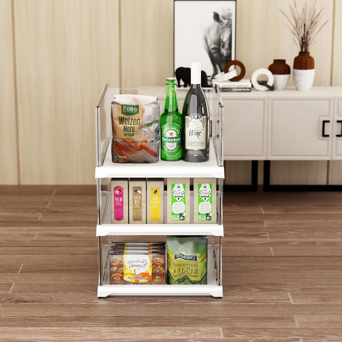 Vaela 4 Pack Stackable Closet Organizers and Storage Shelves,Transparent Multifunctional &Foldable Sweater Storage for Closet, Bathroom, Kitchen, Cupboard, Laundry Room, and Office
