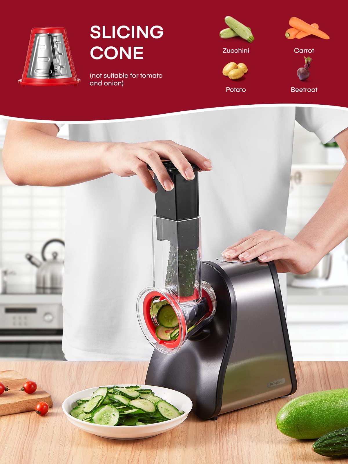 FOHERE Electric Cheese Grater Salad Maker, Electric Slicer Shredder for Home Kitchen Use, One-Touch Easy Control, Electric Grater for Vegetables, Cheeses and Nuts, BPA-Free, Red