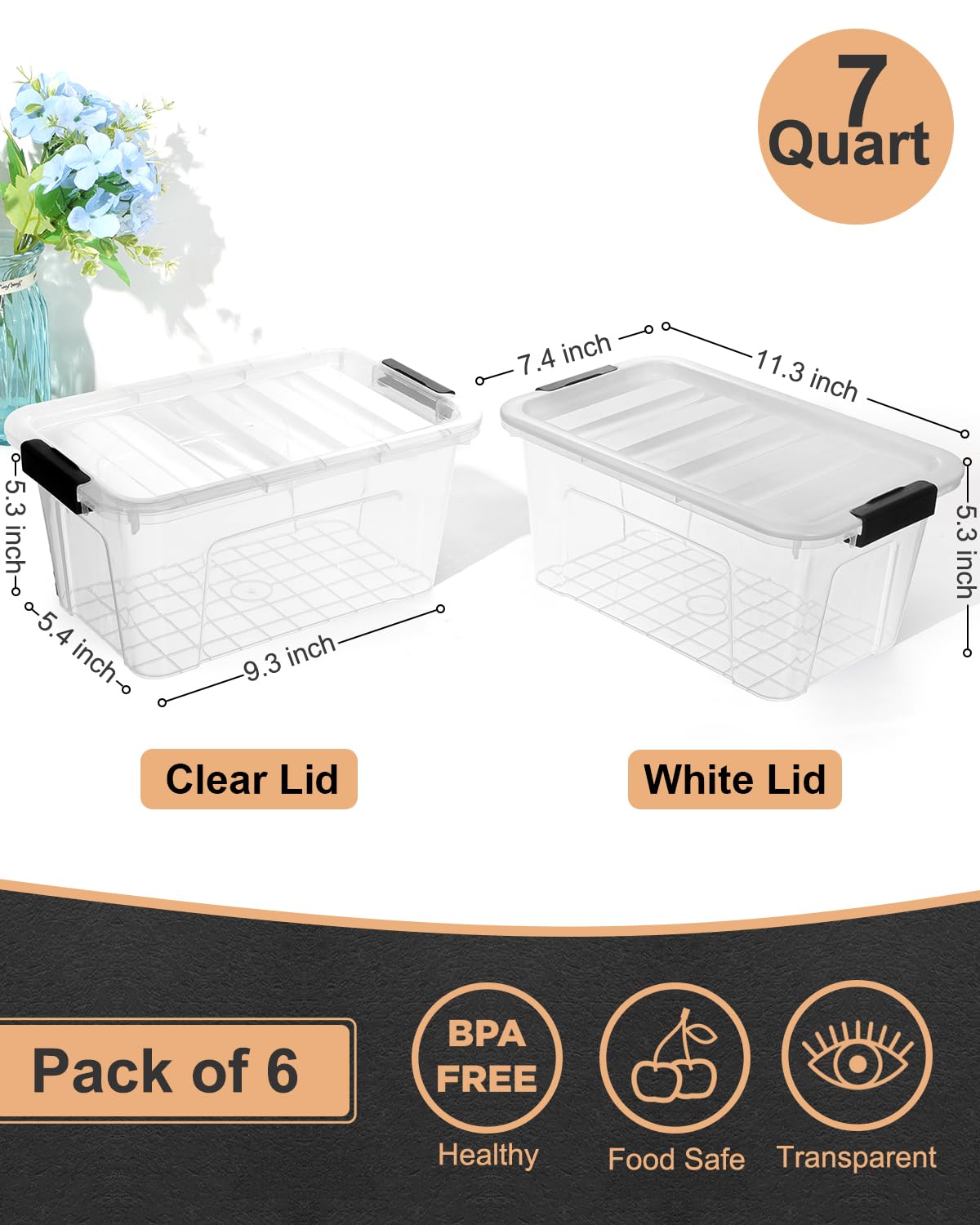 EOENVIVS Plastic Storage Bins with Lids 6 Pack, 7 Quart Storage Containers With Black Buckle Latch, Stackable Storage Organizers for Home Pantry Office Classroom Organization, Clear