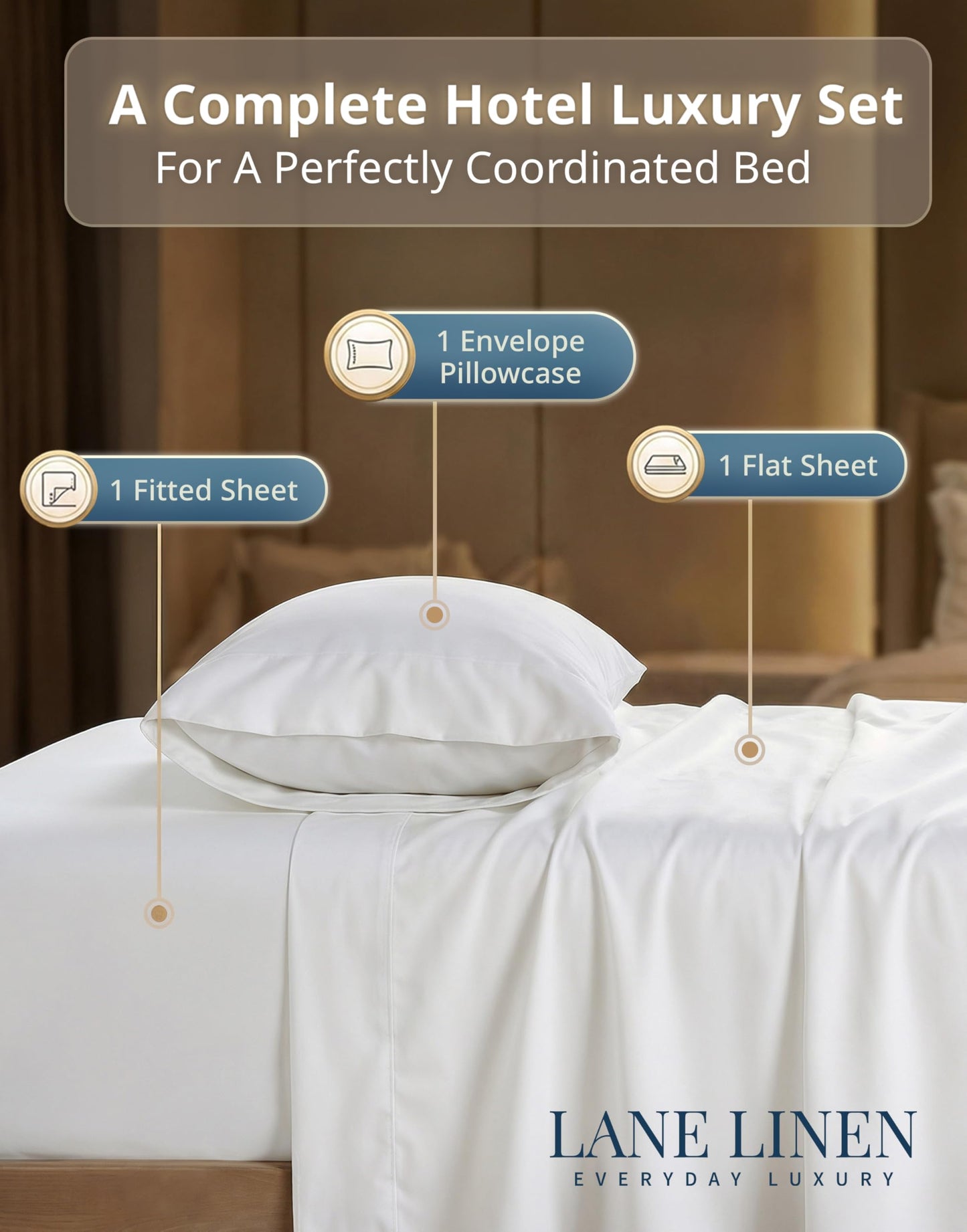 LANE LINEN Twin Sheets Set - 600 Thread Count Premium Sateen Weave for Gentle Feel On Your Skin - 100% Cotton Sheet Set for Hotel Quality Softness - Fits Mattresses Upto 15'' Deep - White