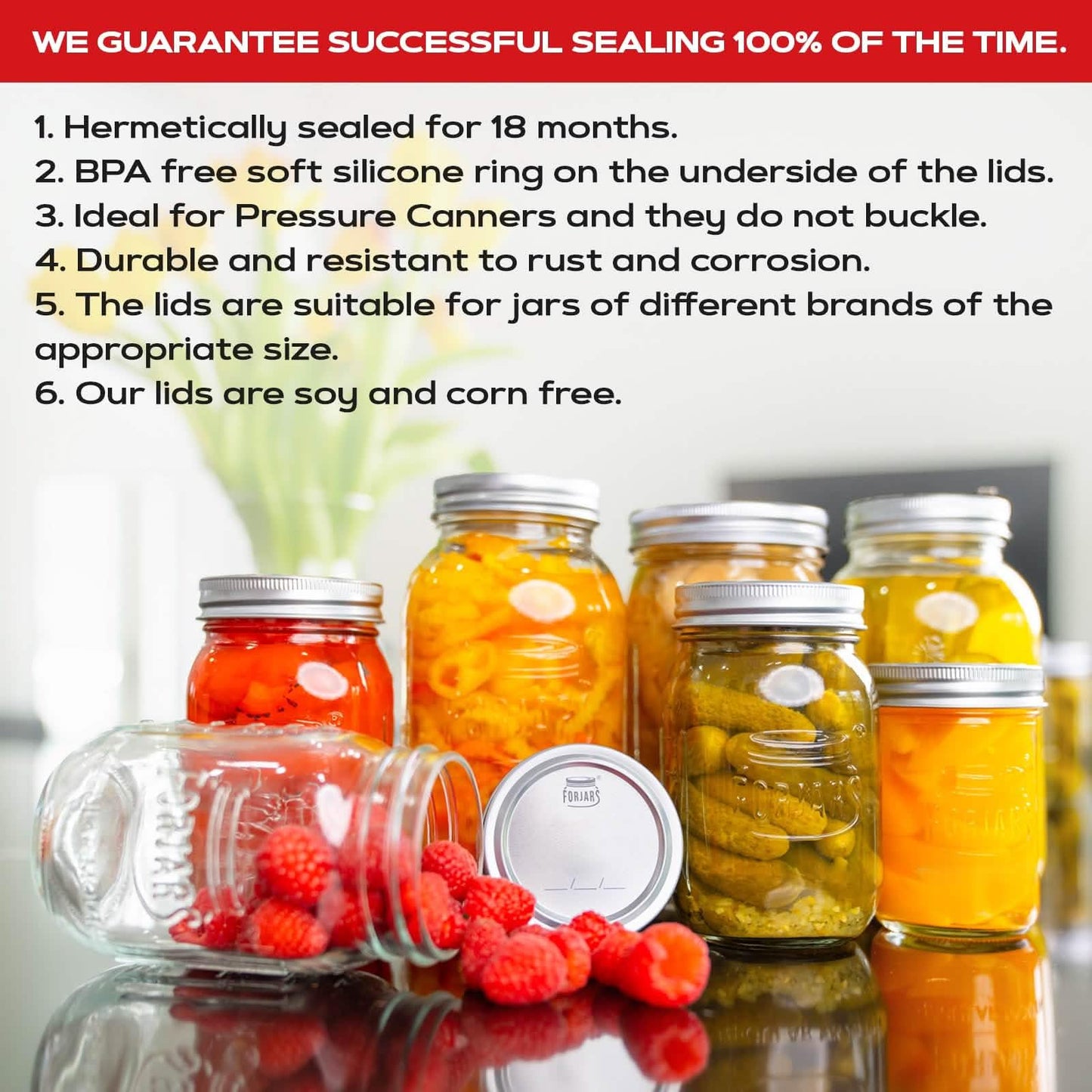 FORJARS - Wide Mouth Canning Lids, 100-Pack – Create Airtight Seals on Mason Jars to Preserve Food for Meal Prep & Emergency Food Storage – 3.4 In. Metal Lids with Silicone Seals – Canning Supplies