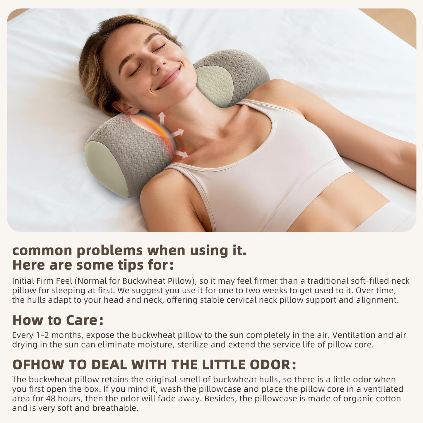 Qirelle Organic Buckwheat Cervical Neck Pillow, Adjustable Neck Roll for Sleeping, Ergonomic Neck Support Bolster for Side & Back Sleepers, Firm Support Pillow for Neck Pain Relief & Spine Alignment