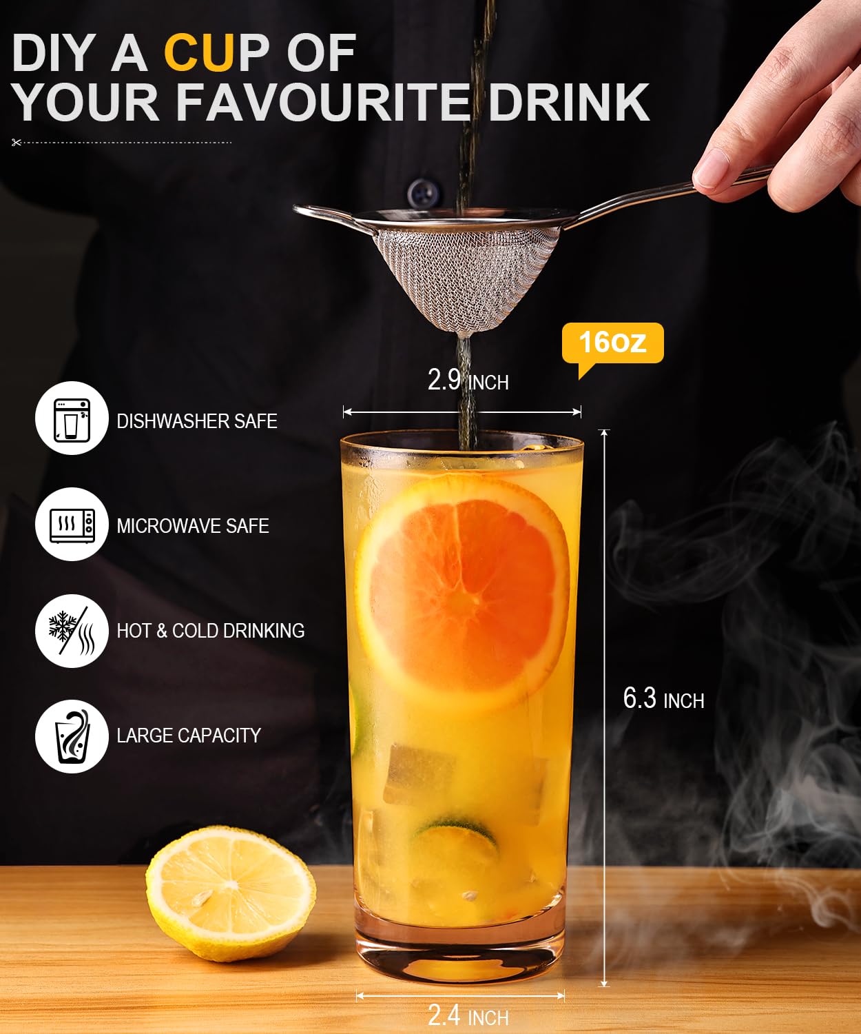 LUNA & MANTHA Drinking Water Glasses Set, Lead-Free Crystal Highball Glass, Tall Glass Cups for Cocktail Parties,Clear set of 8,16oz