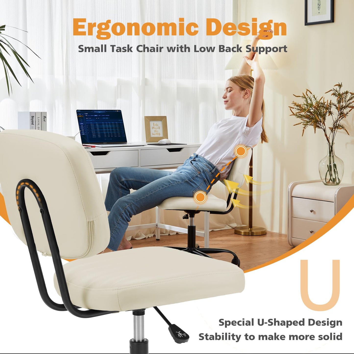 Sweetcrispy Small Office Desk Chair - Armless PU Leather with Comfy Lumbar Support, Height Adjustable Rolling Swivel Task for No Arms, for Adult, Student, Bedroom, Home, Vanity, Beige White