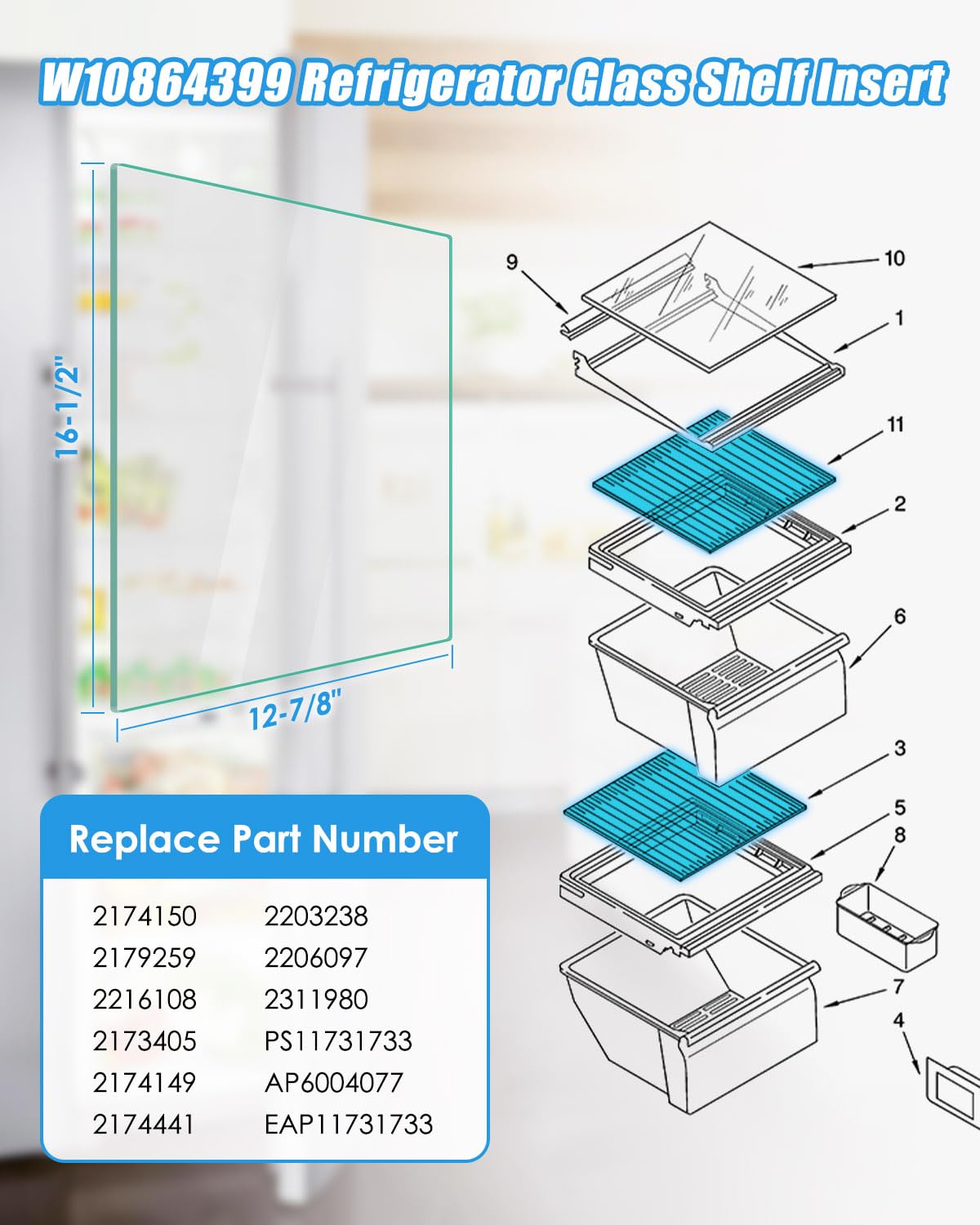 Upgraded W10864399 Refrigerator Glass Shelf Insert Fit for Whirlpool Amana Kenmore, Glass Inset Cover Replace AP6004077 2174150 2216108 2173405 2174441 2179259 2203238 2206097 2174149 PS11731733