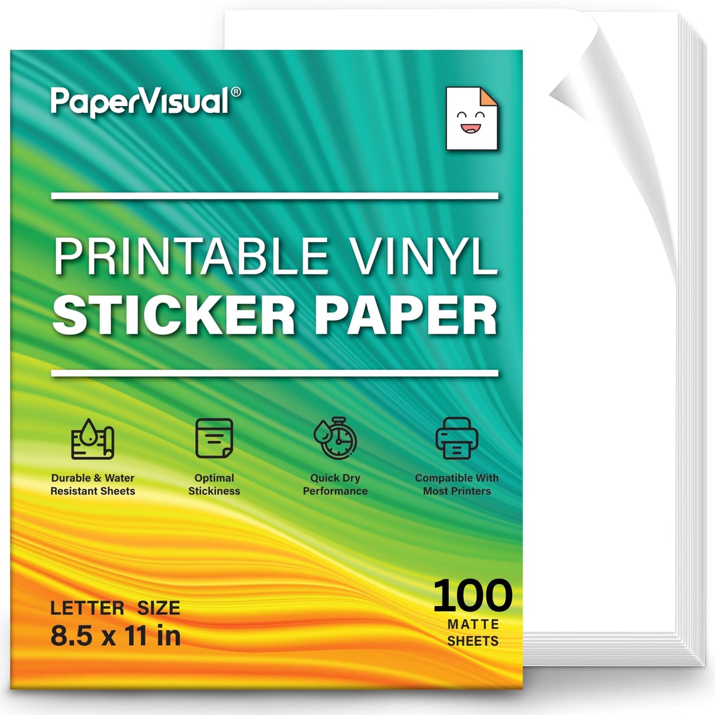 PaperVisual Matte Printable Vinyl Sticker Paper 100 Sheets - Waterproof White, Inkjet & Laser Printer, 8.5x11, Quick Dry, Tear Resistant, Compatible with Cricut & Silhouette -DIY,Labels,SmallBusiness