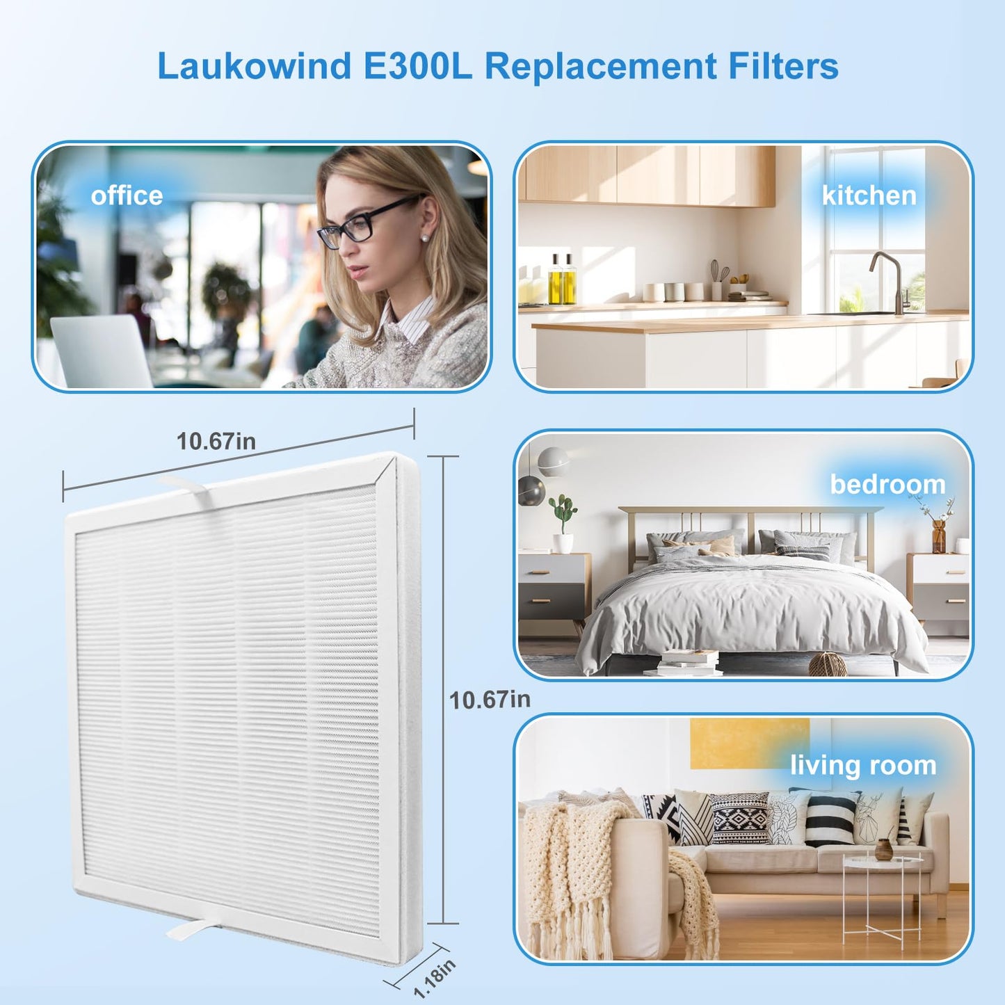 Laukowind 4 Pack E-300L Replacement Filter Compatible with MOOKA and MOOKA FAMILY E-300L, 3-in-1 Filter Replacement for Pet Dander, Bedroom And Office