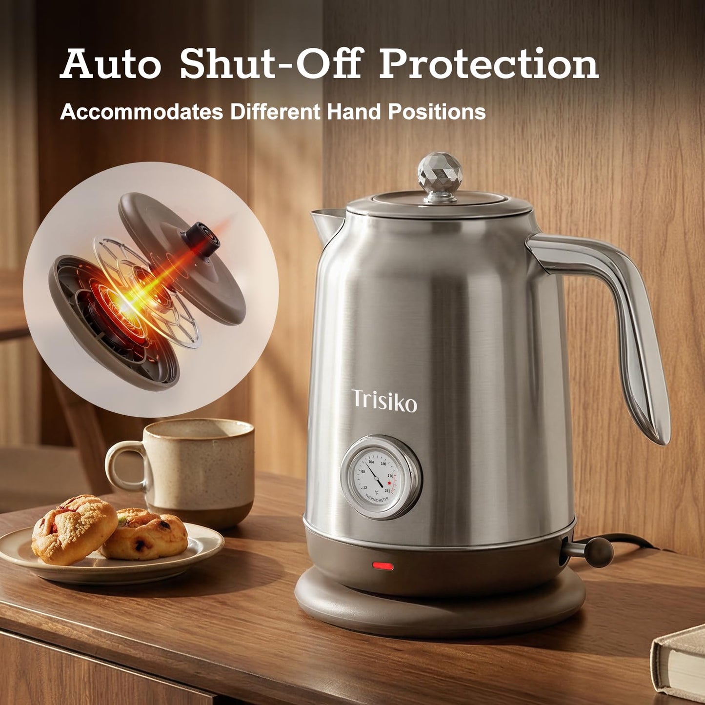 Trisiko 1.7L Large Electric Kettle with Thermometer,57.oz Electric Tea kettle with Automatically Shut Off,304 Stainless Steel,1200W Hot Water Kettle Electric for Coffee&Tea (Chrome)