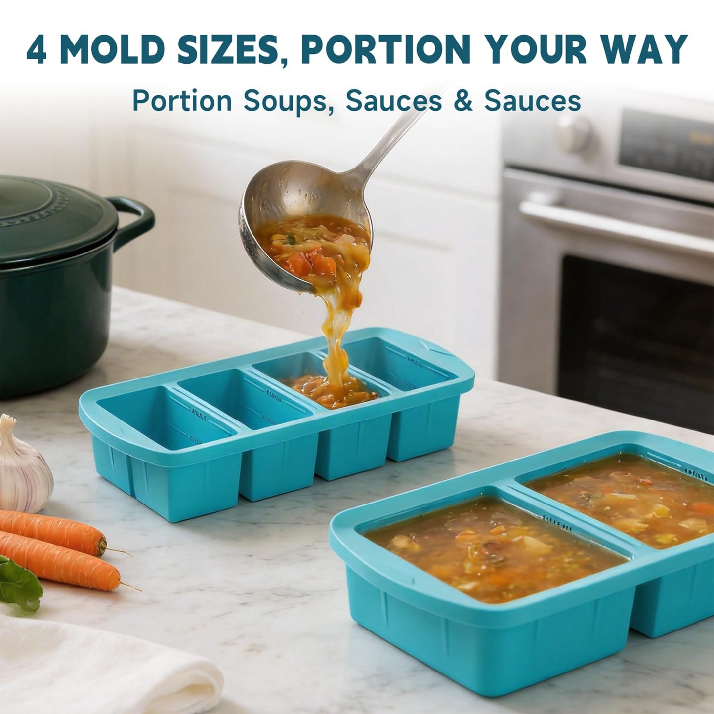 4-Pack Silicone Freezer Trays with Lid & 20 Bags - Multi-Size 1-Cup & 2-Cup Portions, Food-Grade Silicone Freezer Molds for Soup & Meal Prep - Freezer Storage Containers, Oven & Dishwasher Safe - Blue