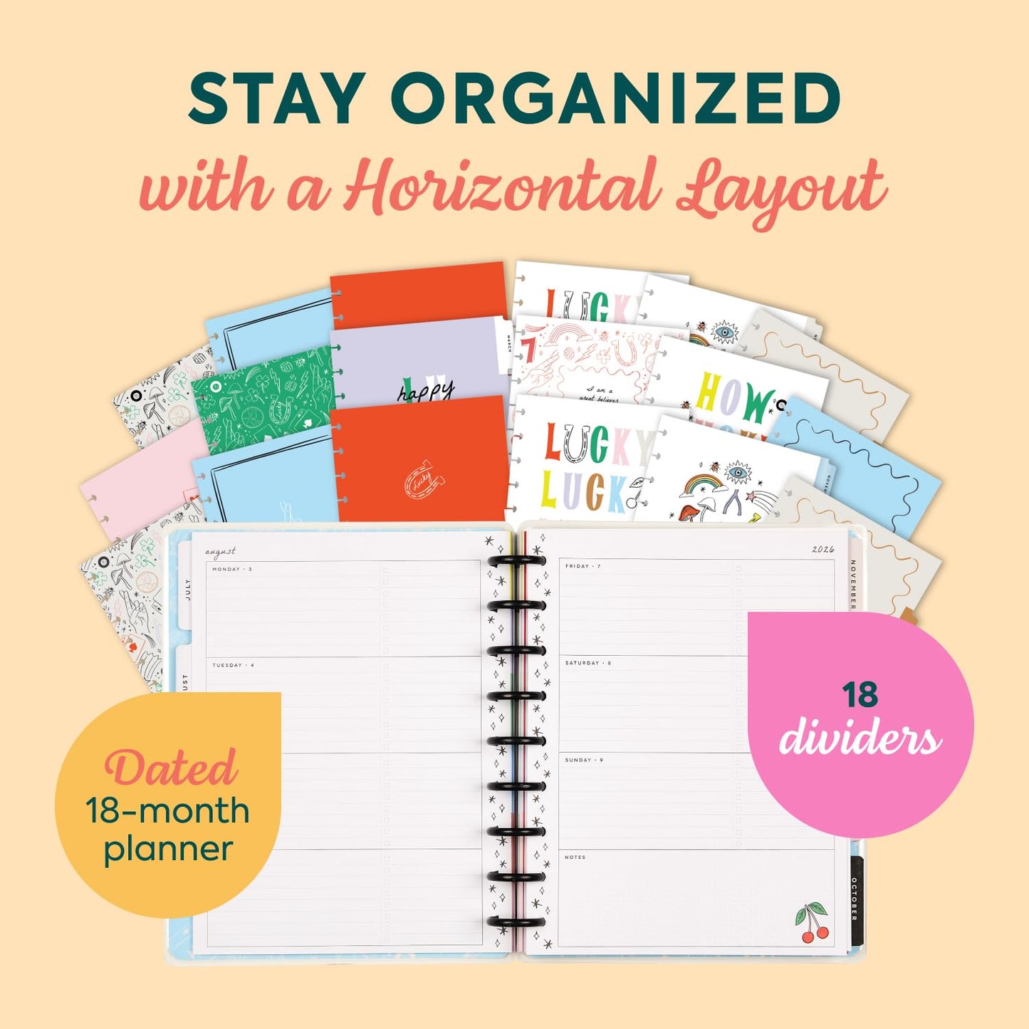 Happy Planner Disc-Bound Planner July 2026–Dec. 2027, 18-Month Planner, Classic Size, 7" x 9.25", Horizontal Layout, Lucky Day Charmed