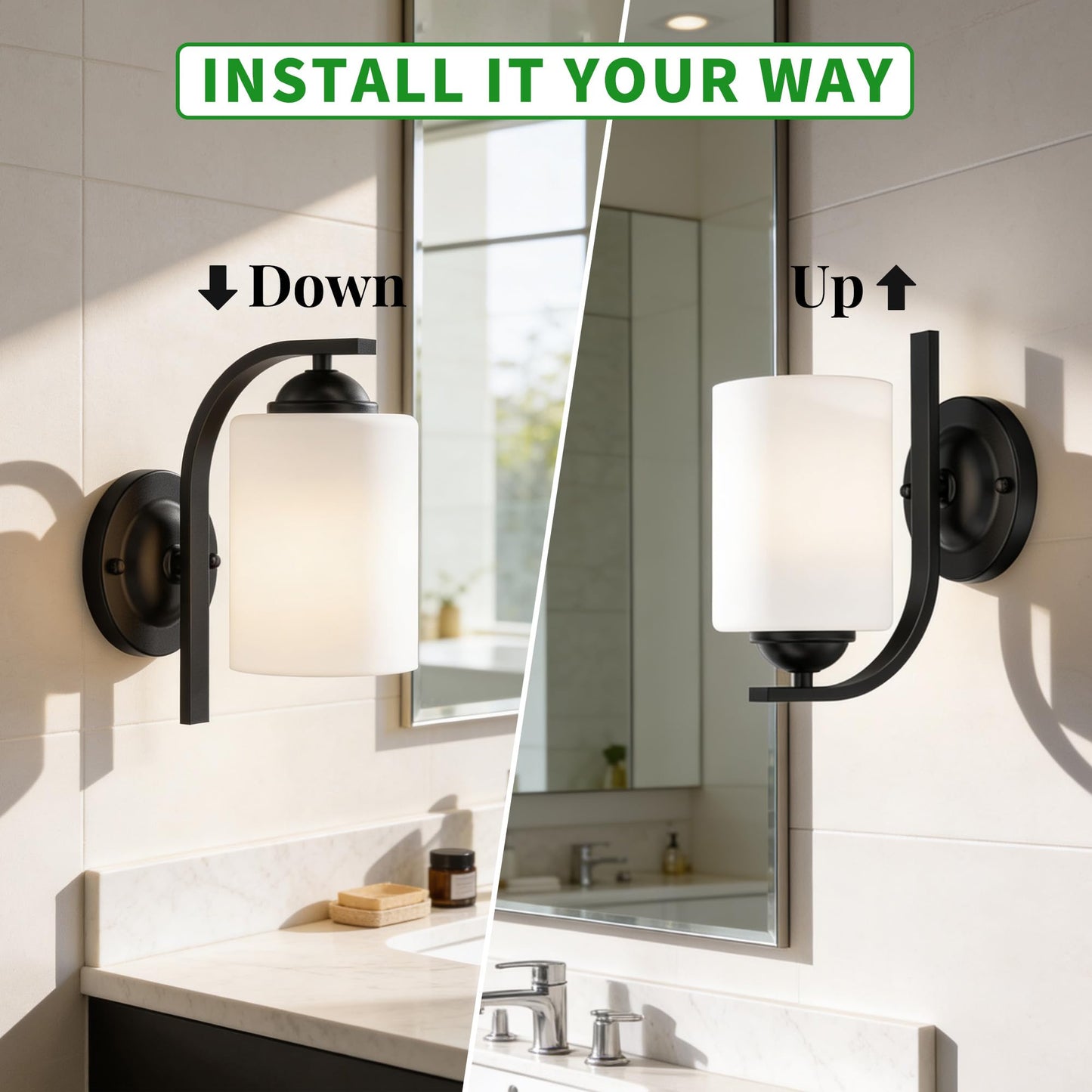 Phaosio 2-Pack Wall Sconces for Bedroom and Bathroom, Matte Black Farmhouse Wall Light Fixtures with Glass Shade, Modern Vanity Wall Lamps for Living Room, Hallway, Kitchen