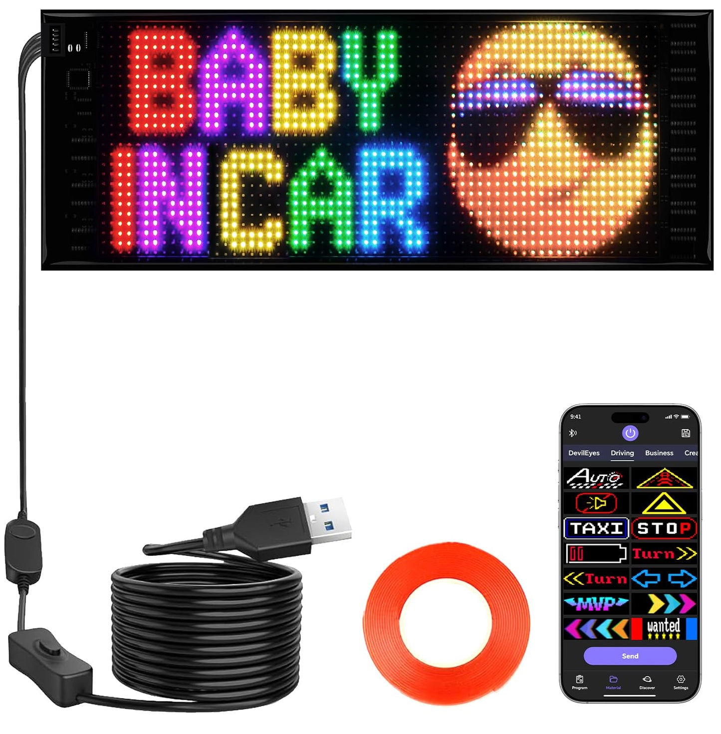 RAYHOME Full Color Dual Row LED Sign for Car, 17''x6.3'' Flexible 5V/2A Bluetooth APP Control LED Signs Custom Text Message Pattern Programmable LED Display for Car Store.