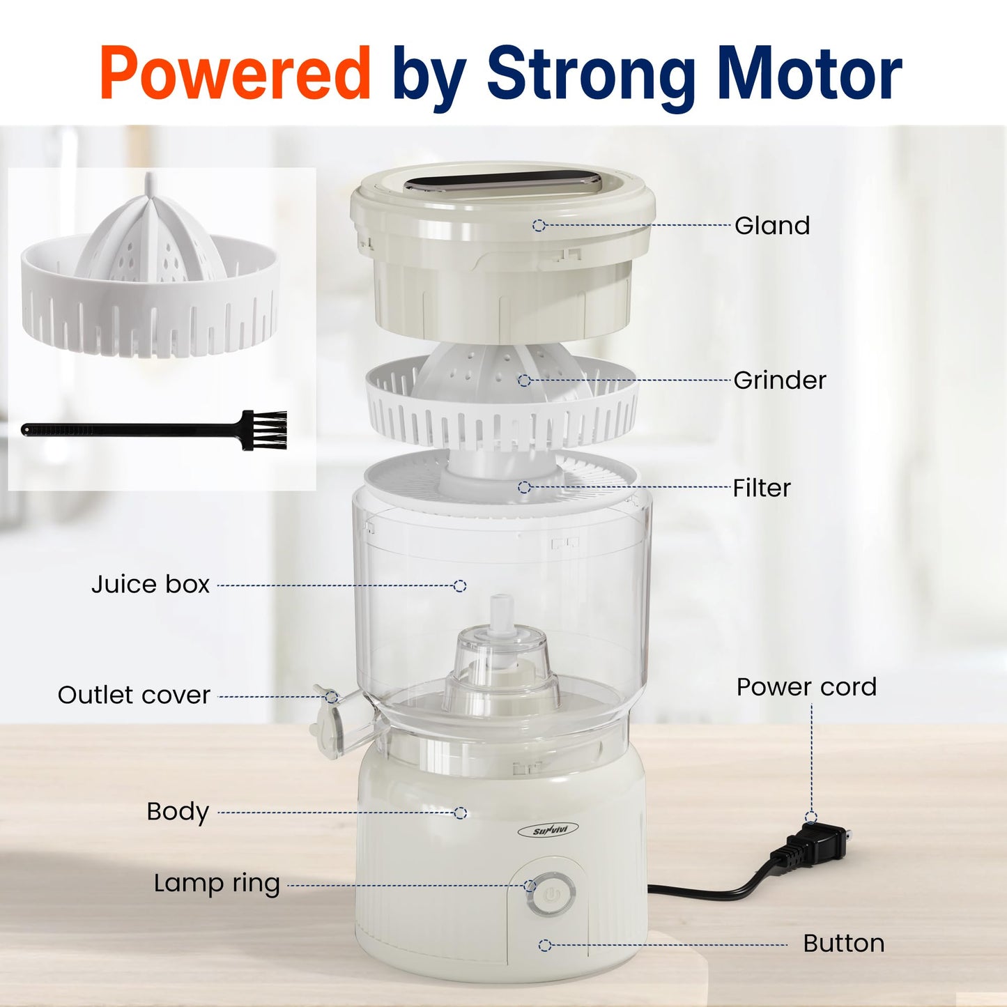 SUNVIVIPRO Electric Citrus Juicer, 90W High-Speed Juice Squeezer with 15,000 RPM Pure Copper Motor, Efficient Orange and Lemon Juicer for Soft Fruits, Compact Design with Easy Cleaning, White