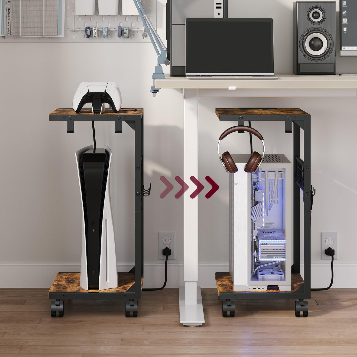 ZIIWIND PC Stand, Computer Tower Stand with Charging Station, 16.9"W x 11.4"D x 27.6"H, Computer Cart with Wheels and Hooks, CPU Holder for Carpet, Floor and Under Desk, Easy Assembly, Rustic Brown