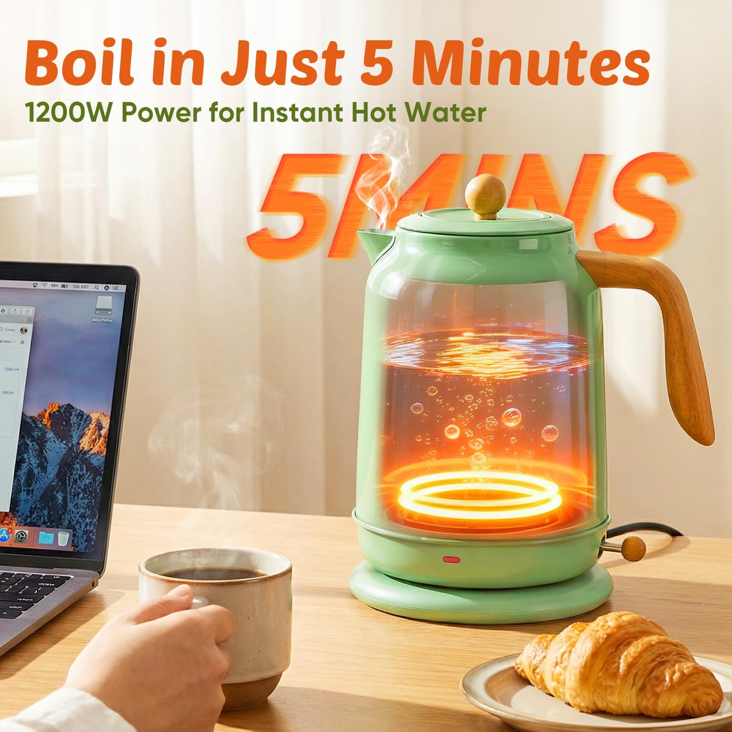 Seehot® 1.7L (57.oz) Electric Kettle with Thermometer, 1200W Large Electric Tea kettle with 304 Stainless Steel,Auto shut off,Hot water kettle Electric for Home,Office,Kitchens-Green