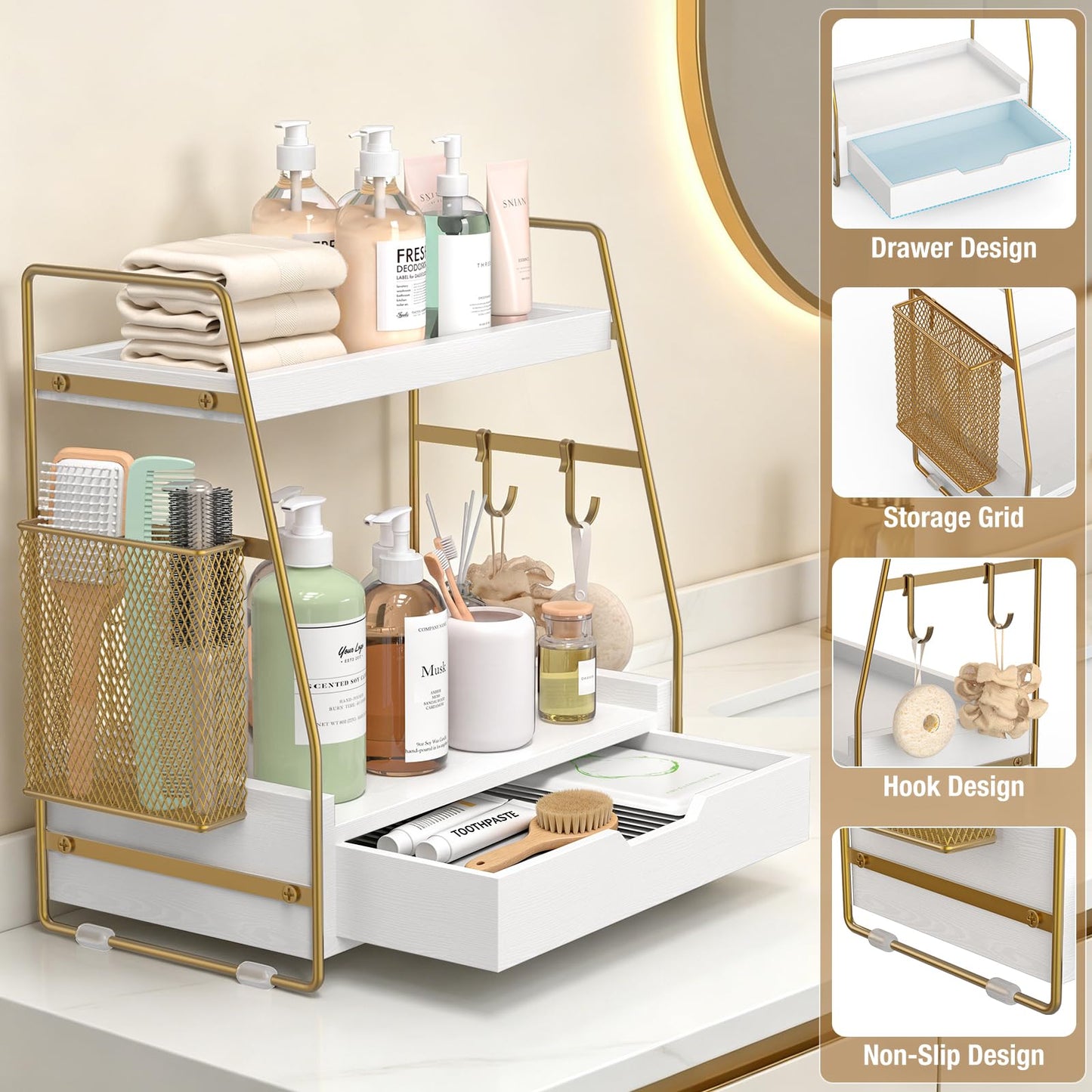 ROPALINS 2-Tier Bathroom Counter Organizer with Drawer and Removable Basket, Wood Vanity Countertop Storage for Perfume, Makeup, Skincare, Bathroom Counter Shelf, Moisture-Resistant, White Gold