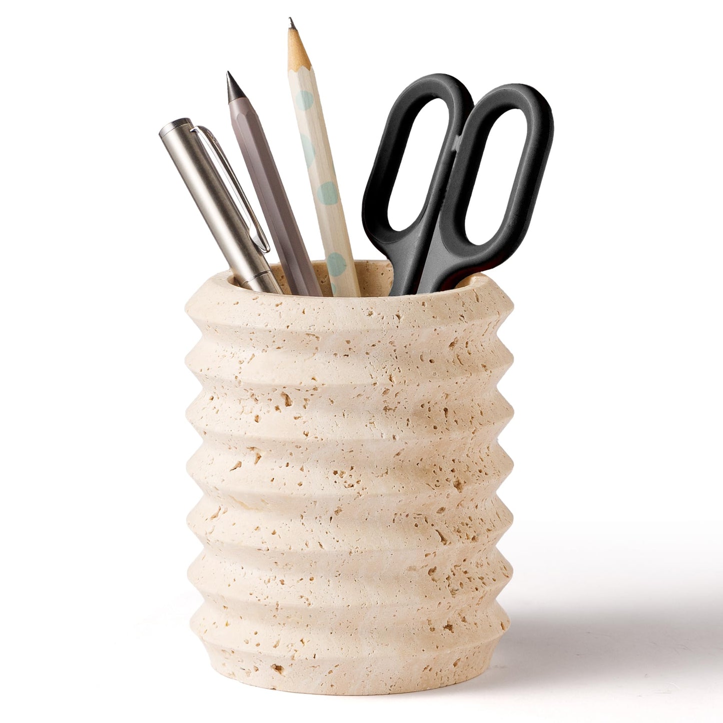 WORHE Pen Holder Stand for Desk, Natural Travertine Stone Makeup Brush Holders, Modern and Functional Pencil Cup for Office Supplies Tableware Organizer for Home Decor School Beige (PH90110)
