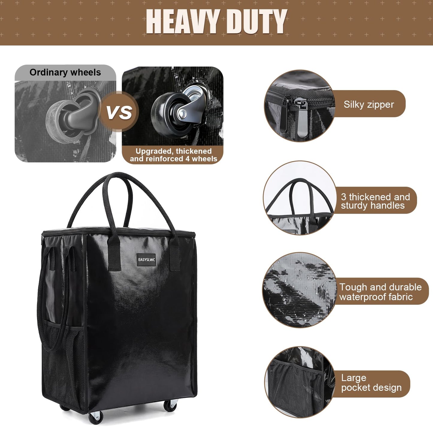 Reusable Hauler Rolling Tote Bag, Collapsible Portable Shopping Cart with Wheels for Groceries, Apartments Laundry, Organization , Heavy Duty Utility Tote, Basket with Wheels, Travel and Moving, 75lbs