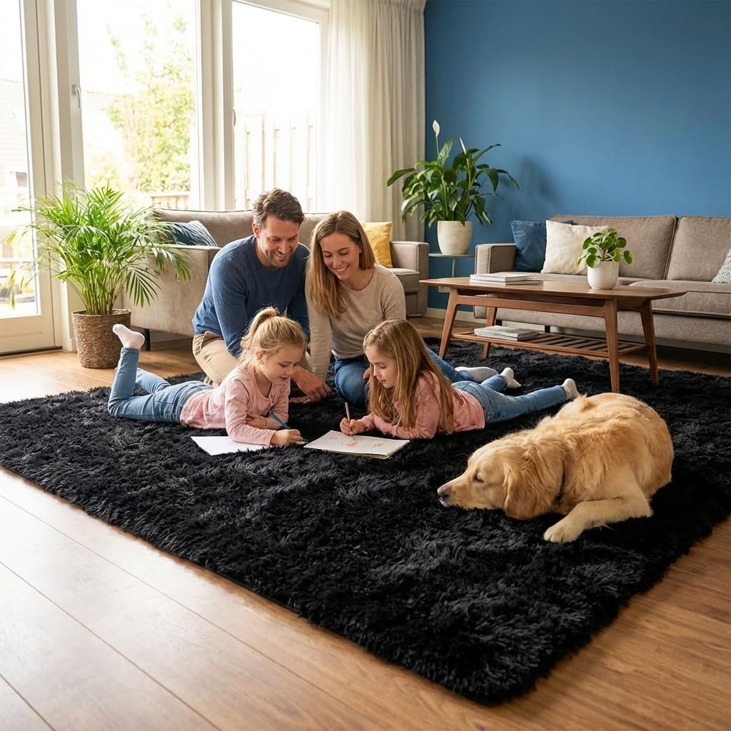Mugorn 8x10 Area Rugs for Living Room, Large Fluffy Black Rugs for Bedroom, Soft Carpet Shag Kids Room Rug, Non-Slip Fuzzy Rugs Indoor (8ft x 10ft, Black)