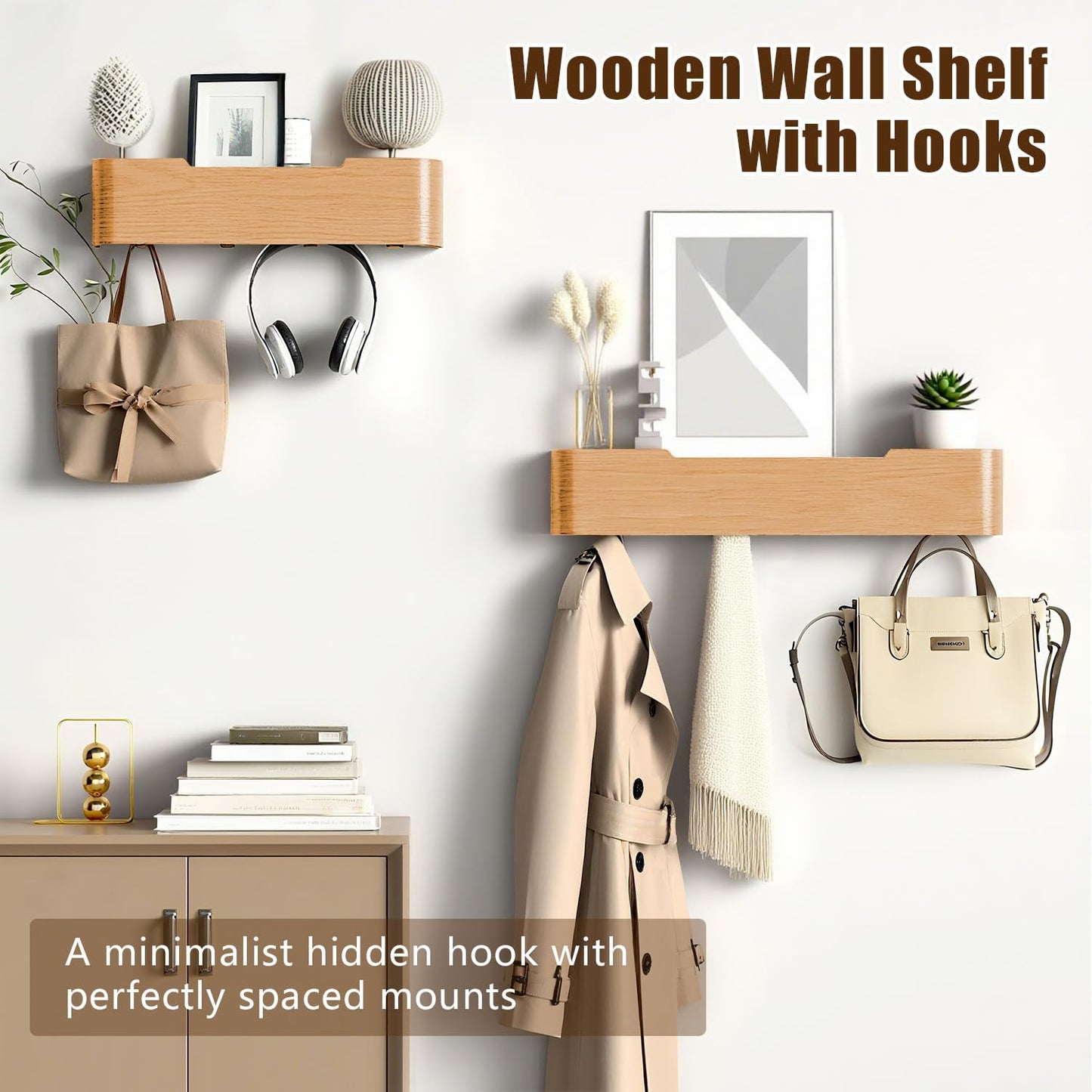 Nevsokio Coat Rack Wall Mount with Hidden Hooks, Wall Hooks with Shelf, Wall Key Holder Mount Wooden Shelf Entryway Hooks for Bedroom Bathroom for Hanging Coats Hats Bags Towels (Oak, 4 Hooks)