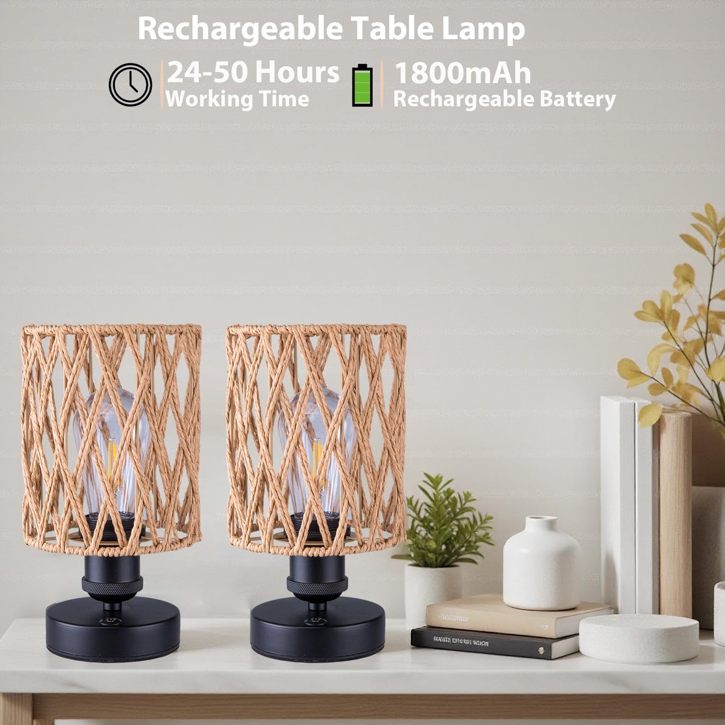 ALL FORTUNE Cordless Outdoor Table Lamps, Small Rattan Boho, Rechargeable Battery Operated for Outdoor Patio, Home, Living Room, Bedroom, Bedside - Set of 2 (Beige-A)