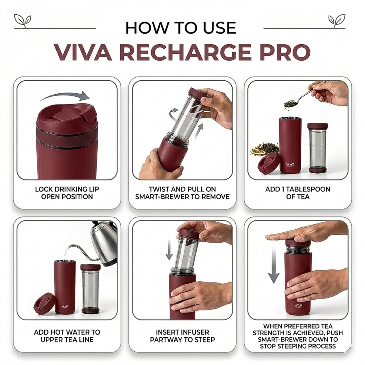 VIVA Recharge Fathers Day Tea Infuser Bottle, Gift for Dad, 16 oz Insulated Stainless Steel Travel Tumbler with Infuser, Hot & Cold Tea & Coffee, Patented Steep Control - Cranberry