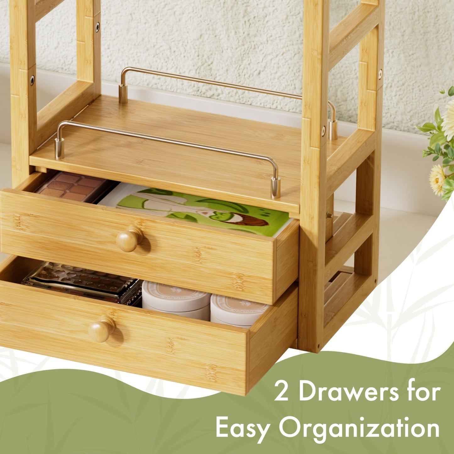 AmazerBath Bamboo Bathroom Countertop Organizer, 2-Tier Makeup Organizer with 2 Drawers, Vanity Organizer Storage Coffee Matcha Station, Compact Shelf for Bathroom Kitchen Office