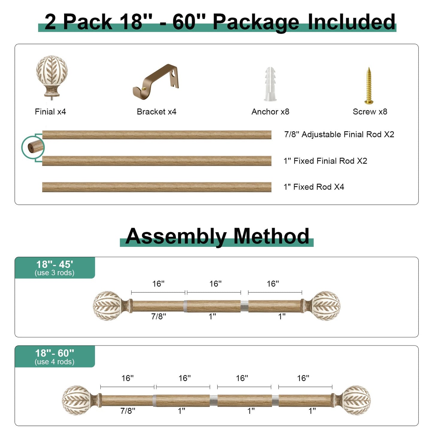 QDWIS 2 Pack Boho Wood Curtain Rods for Windows 28 to 48 inch,1" Adjustable Heavy Duty Window Curtain Rod with Imitation Wood Grain Finials,Rustic Decorative Drapery Rods Set 18-60'',Weathered Wood