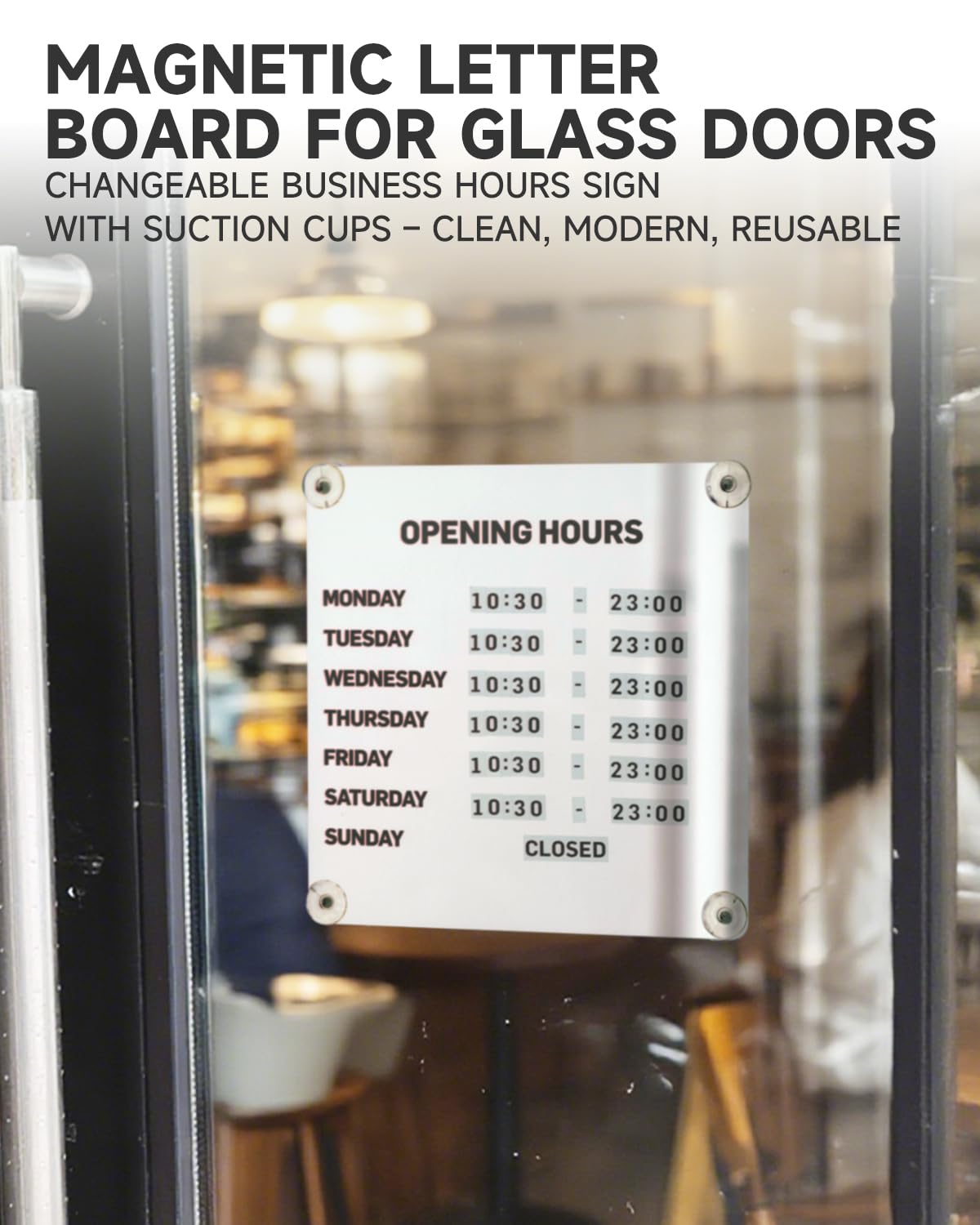 Metal Business Hours Sign with Suction Cups - Magnetic Open Closed Display Board for Storefront Window, Glass Door, Tile Wall & Counter - Changeable, Reusable & Rust-Resistant Steel Kit (White Board)