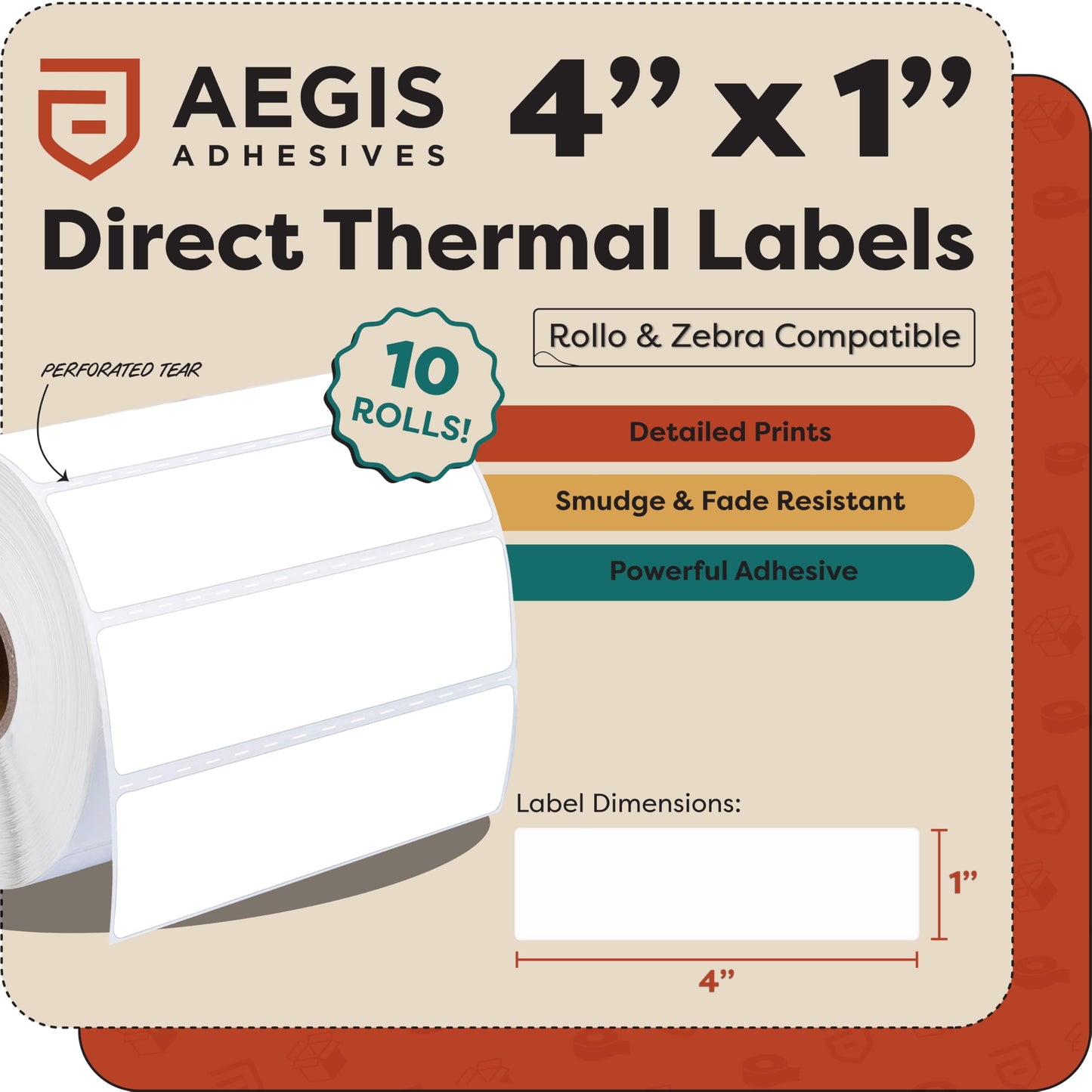 Aegis Adhesives - 4" X 1" Direct Thermal Labels (13000 Count, 10 Rolls) - Barcode Labels, Wide Thermal Sticker Roll for Carton and Product Identification - Compatible with Zebra and Rollo Printers