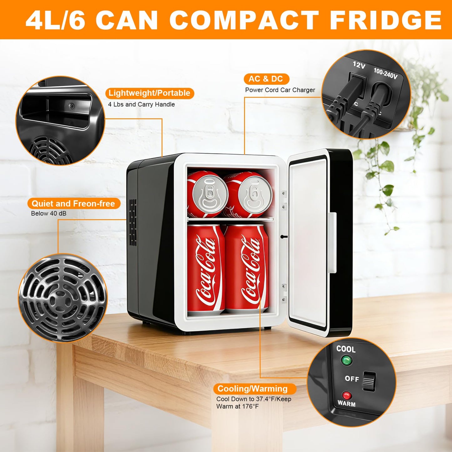 VANZBON Mini Fridge, Mini Compact Refrigerator with Gaming Light, 4 Liter/6 Cans Small Refrigerator with Mirror Door, AC/DC Portable Mini Cooler and Warmer Fridge for Bedroom, Car and Gaming Room
