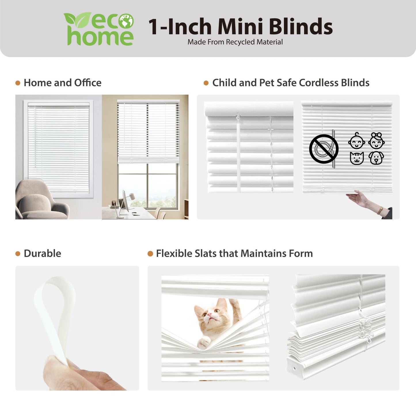 DEZ FURNISHINGS Cordless 1" Mini Blind with Flexible Slats, 30" W x 48" H, Pearl White