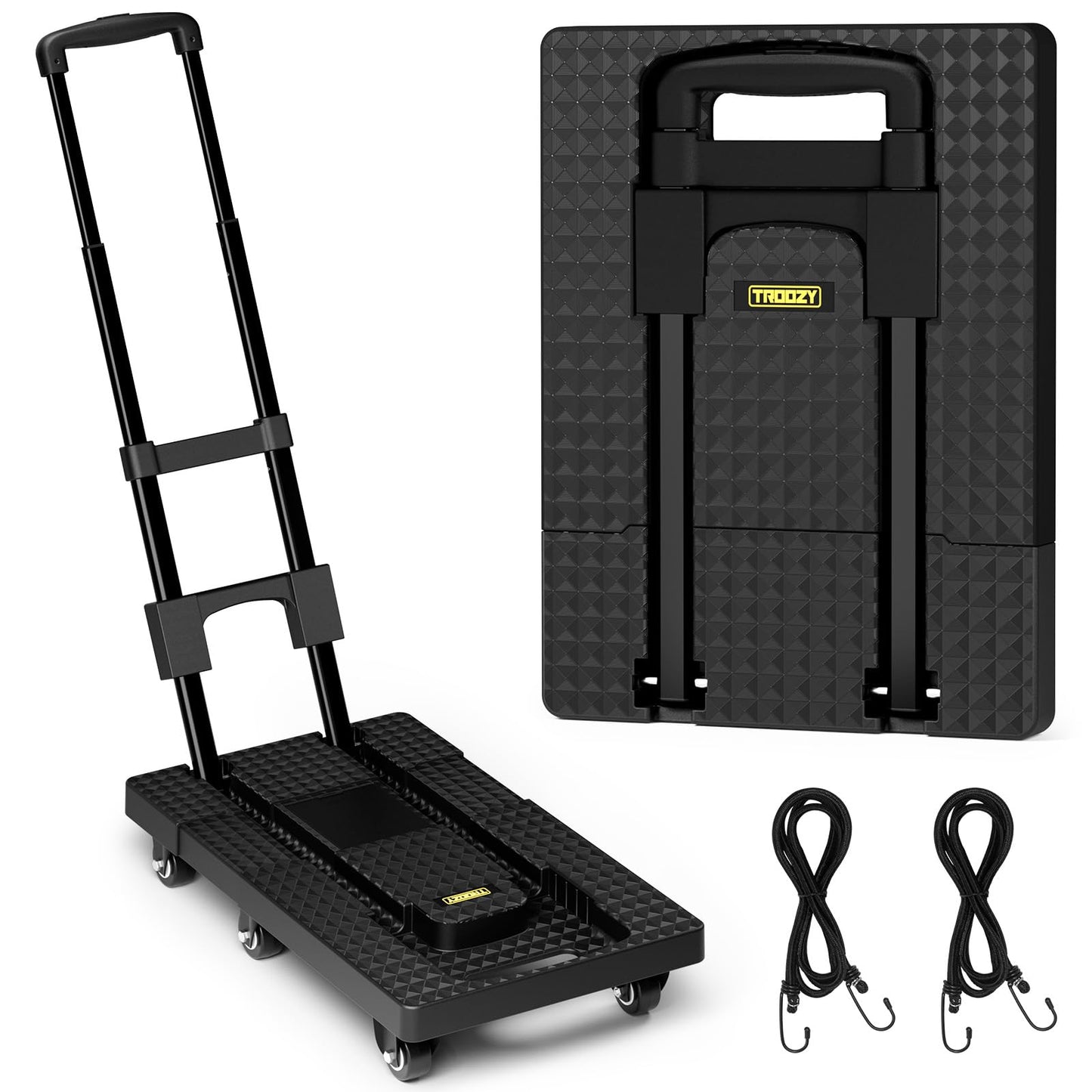 TROOZY Dolly Cart with 6 Wheels 440lbs, Folding Hand Truck with Upright Lock and 2 Elastic Straps, Extendable Heavy Duty Utility Cart for Luggage, Airport, Office & Dorm, Carrito de Carga