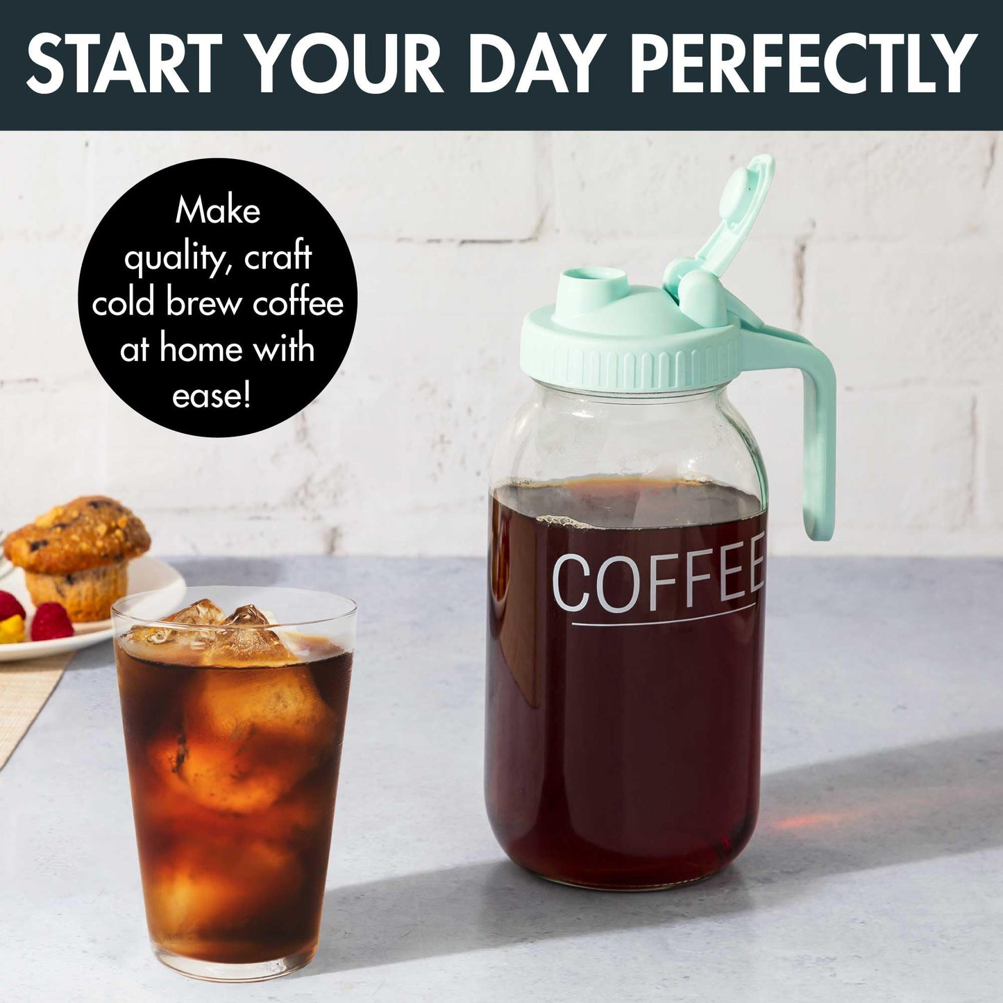 Primula Mason Jar Cold Brew Iced Coffee Maker with Stainless Steel Filter and Easy Pour Lid, Durable Glass Pitcher Fits in Most Fridge Doors, Dishwasher Safe, Made without BPA, 2-Quart, Aqua