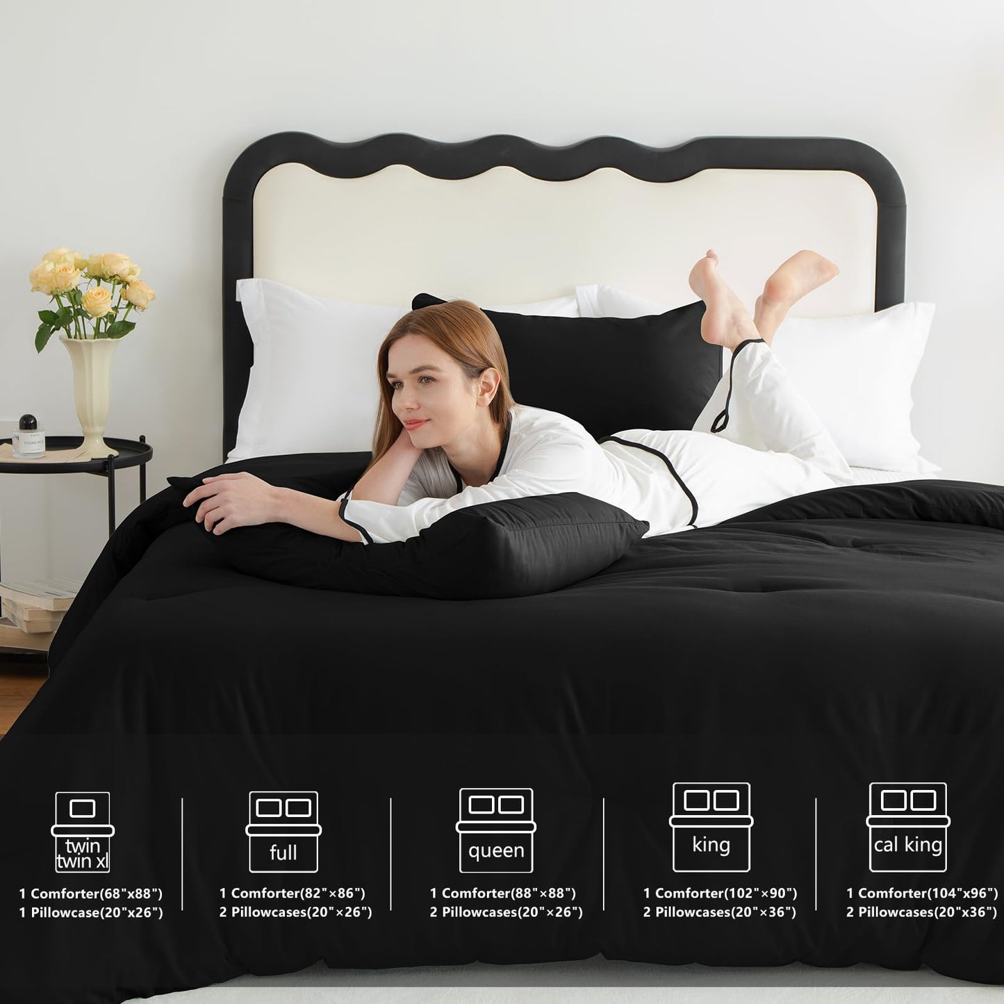 CozyLux King Size Comforter Set Black, 3 Pieces Solid Comforters King Size Breathable Quilted Style Bedding Set, Luxury Soft Microfiber Down Alternative Comforter Bed Set (1 Comforter & 2 Pillowcases)