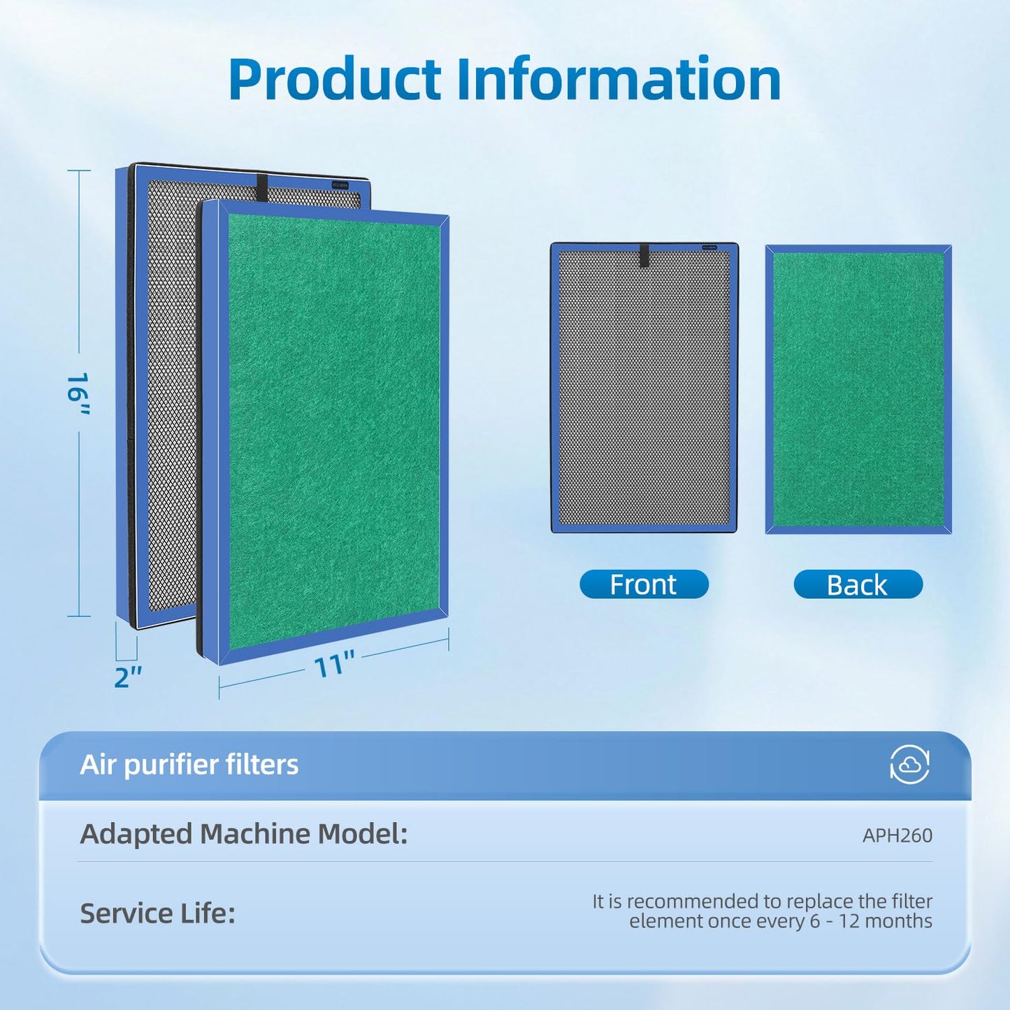 APH260 Replacement Filter Compatible with Pure Morning APH260 APH320 Air Purifiers,3-In-1 HEPA Activated Carbon(2-Pack)