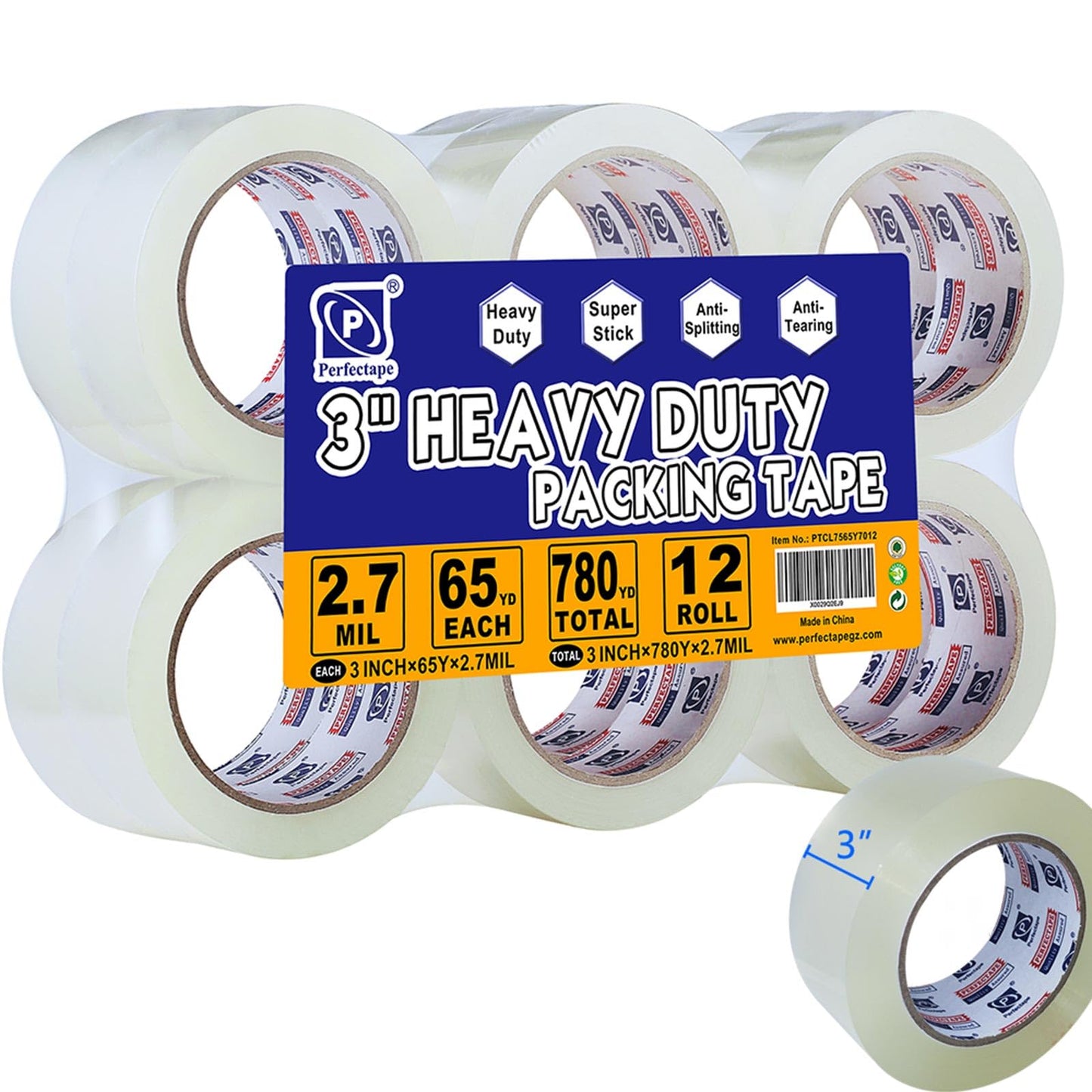 PERFECTAPE 3" Heavy Duty Packing Tape 12 Rolls, Total 780Y, Clear, 2.7 mil, 3 inch x 65 Yards, Ultra Strong, Refill for Packaging and Shipping(3" Width, not 2" Width)