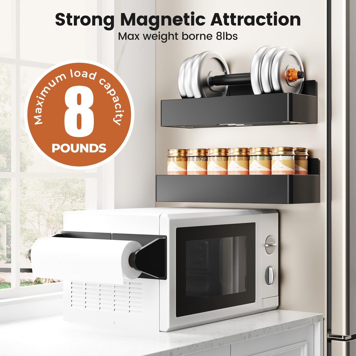 Magnetic Spice Rack for Refrigerator,8 Pack Magnetic Shelf,Fridge Magnet Organizer with Paper Towel Holder,Utensils Racks,Hook Rack,Deepened Basket,Fridge Organizers and Storage Black(8 Pack)