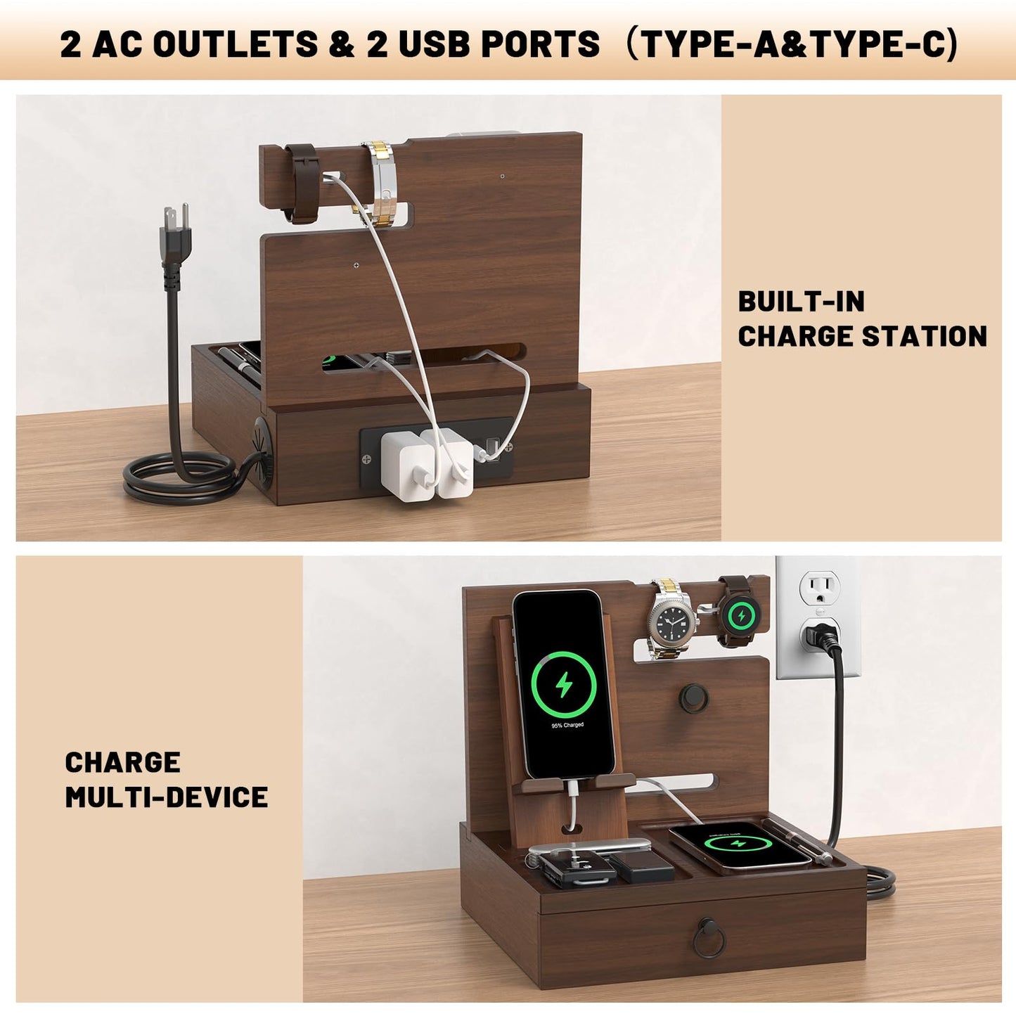 Wood Phone Docking Station with USB Ports and Outlets, Nightstand Organizer with Charging Station, Bedside Organizer with Drawer for Watch & Accessories, Christmas Anniversary Birthday Gifts for Men