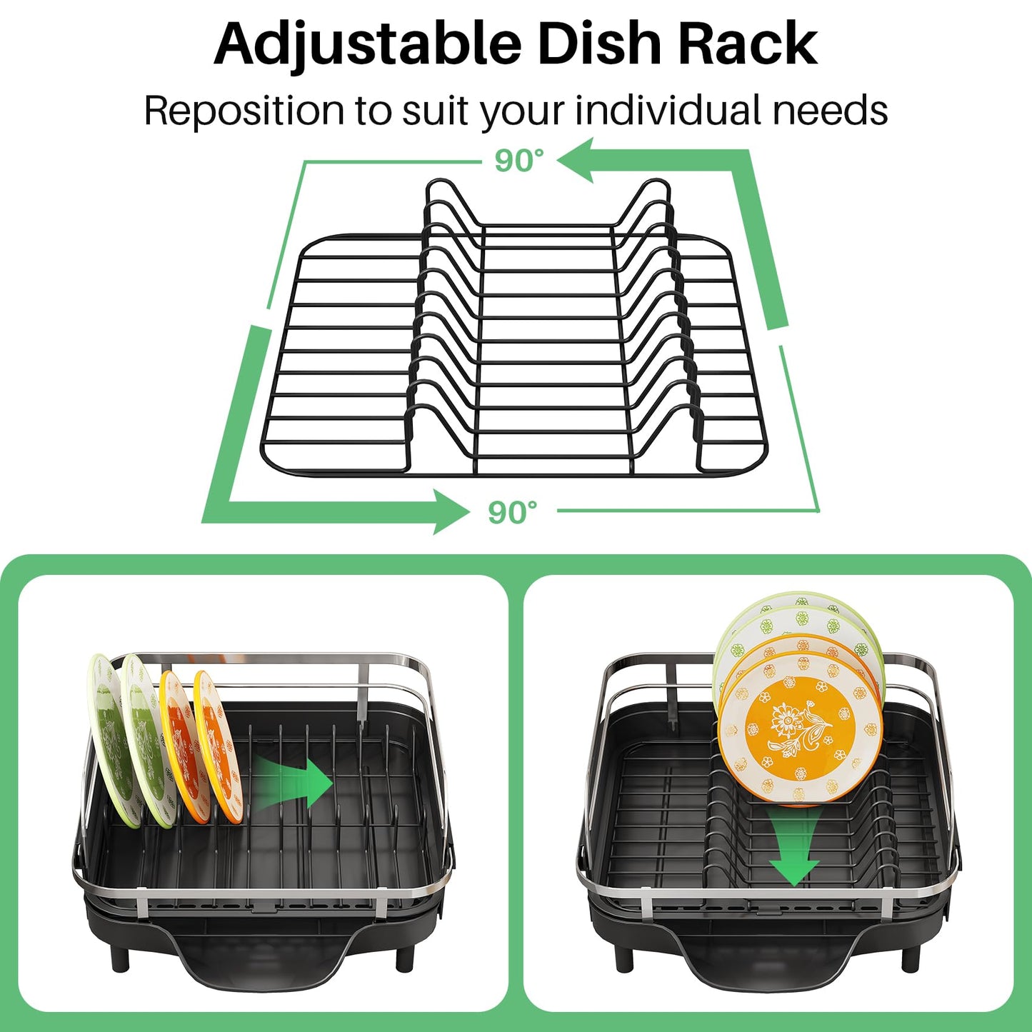 SAYZH Dish Drying Rack - Expandable Dish Rack for Kitchen Counter, Rust-Resistant Dish Drainer with Utensil Holder and Raised Guardrail, Kitchen Organizer for Cup and Bottle (Black)