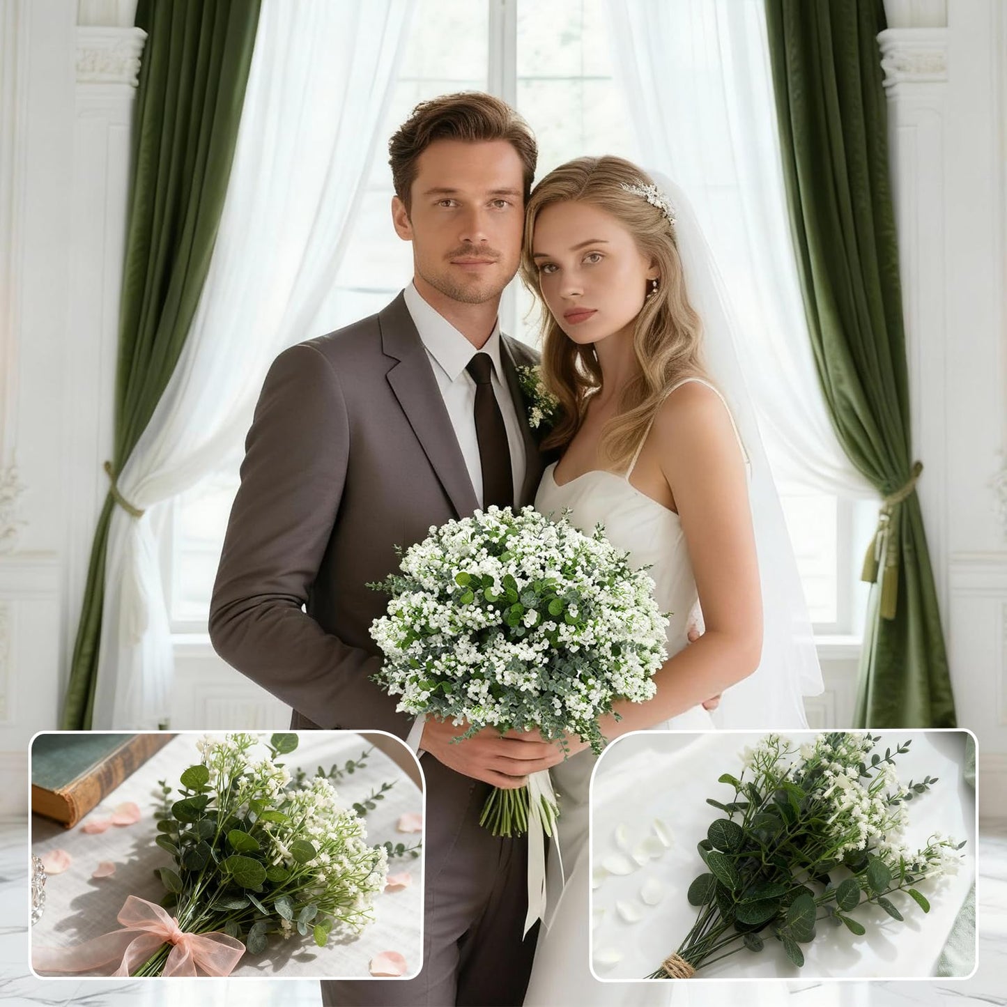 Suaycy 110pcs Mixed Faux Greenery: Real Touch Babys Breath Artificial Flowers Bulk, Eucalyptus Stems & Frosted Silver Dollar for Rustic Wedding Decor, Boho Farmhouse Table Centerpieces