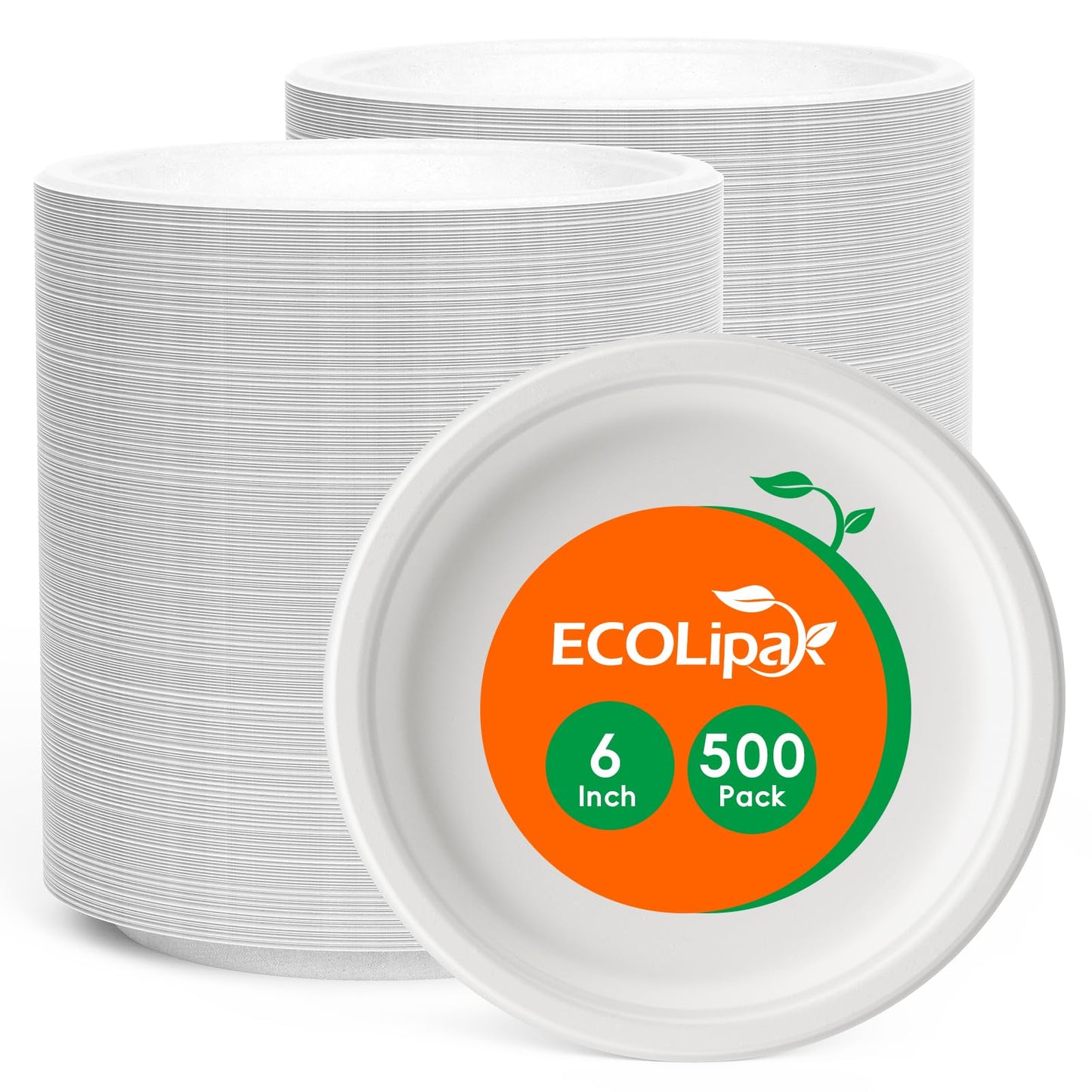ECOLipak 6 Inch Disposable Compostable Small Paper Plates, 500 Pack Recycled Sugarcane Bagasse Biodegradable Heavy Duty Mini Dinner Appetizer Cake Dessert Plates for Party(White)