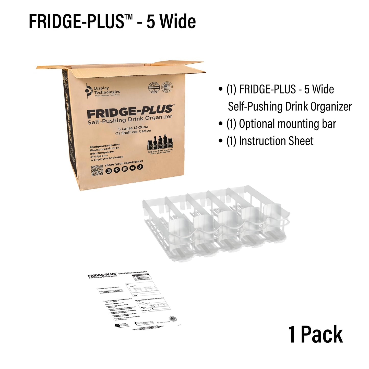 Display Technologies, Fridge-Plus Drink Organizer for Refrigerator Storage - Soda Can Dispenser and Soda Can Organizer Rack for Bar Fridge (Pack of 1)