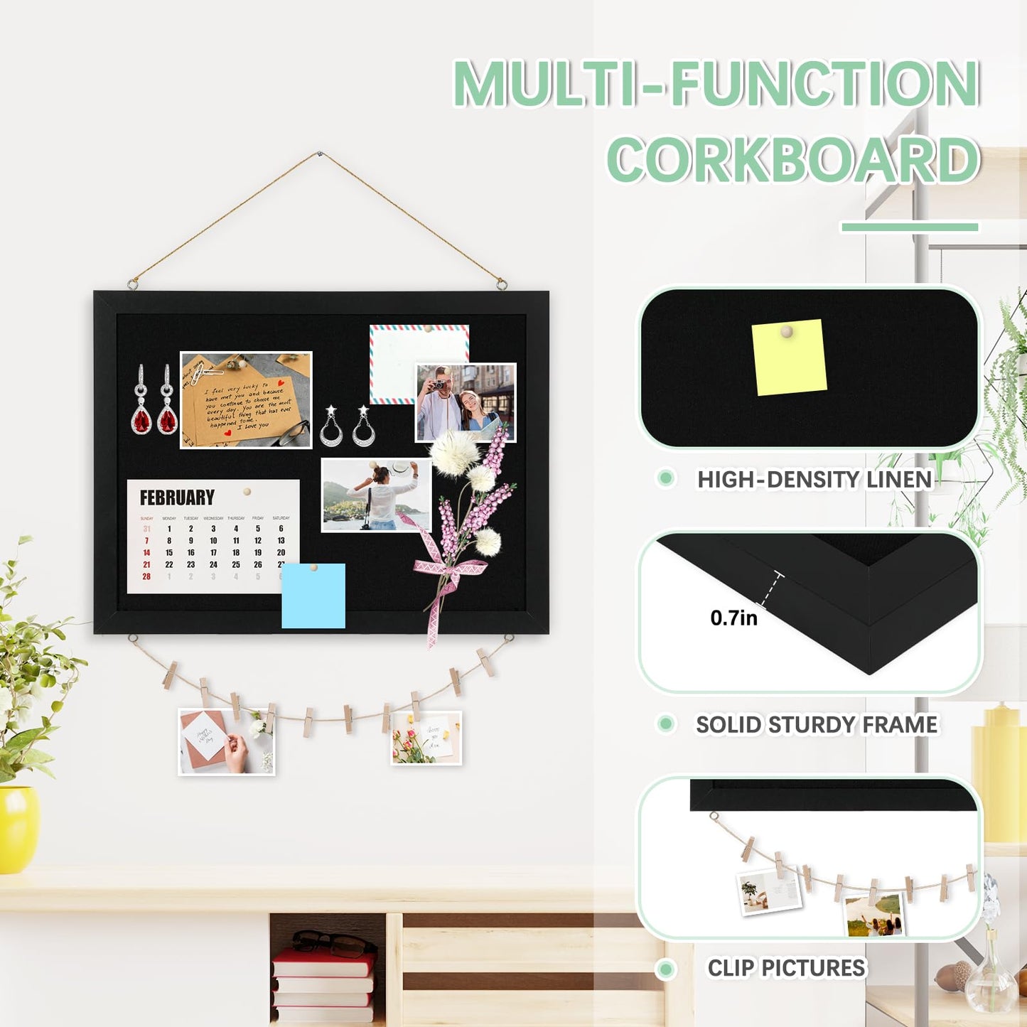 DOLLAR BOSS Large Black Cork Board Double-Sided Bulletin Board with Linen 24''x 18'', Black Cork Boards for Walls Wood Frame Hanging Pin Board, Cork Board for Office Home School 1-Pack