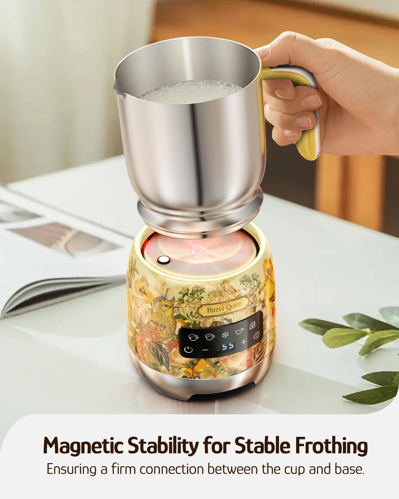 Hazel Quinn Milk Frother - Hot and Cold Detachable Milk Frother with Adjustable Temperature & Foam Thickness, Dishwasher Safe, for Latte/Cappuccino/Hot Chocolate, 400ML (13.5oz) - Floral Printed