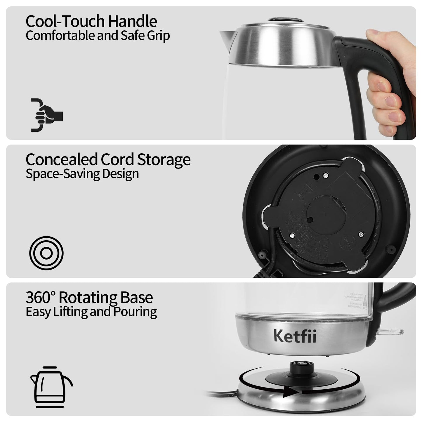 Electric Glass Kettle 1.8L, 1200W Fast Boil for Tea & Coffee, Auto Shut-Off & Boil-Dry Protection, BPA-Free, 304 Stainless Steel & Borosilicate Glass, Removable Lid for Easy Cleaning