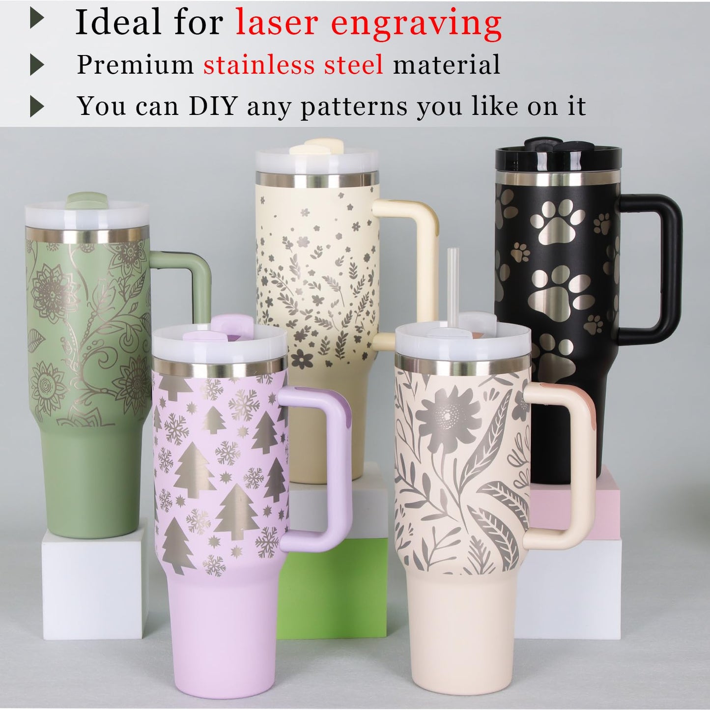 4 Pack 40 Oz Tumbler with Handle Bulk, Double Wall Vacuum Insulated Stainless Steel Tumbler with Lid and Straw, 40 oz cup with Silicone Spill Proof Stopper Set (Cream,Purple,Dark Green,Rose Quartz)
