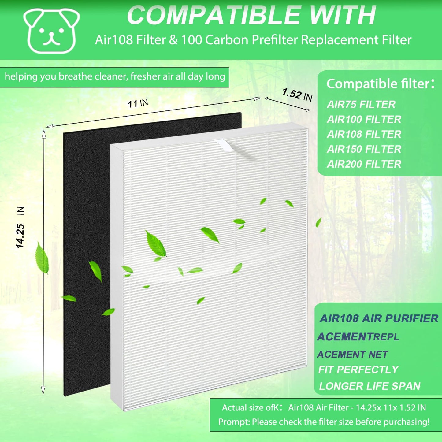 Upgraded Air108 Filter Replacement Compatible With Oreck AirInstinct air purifiers 75, 100, 108, 150,200, including 2 filters and 6 carbon pre-filters