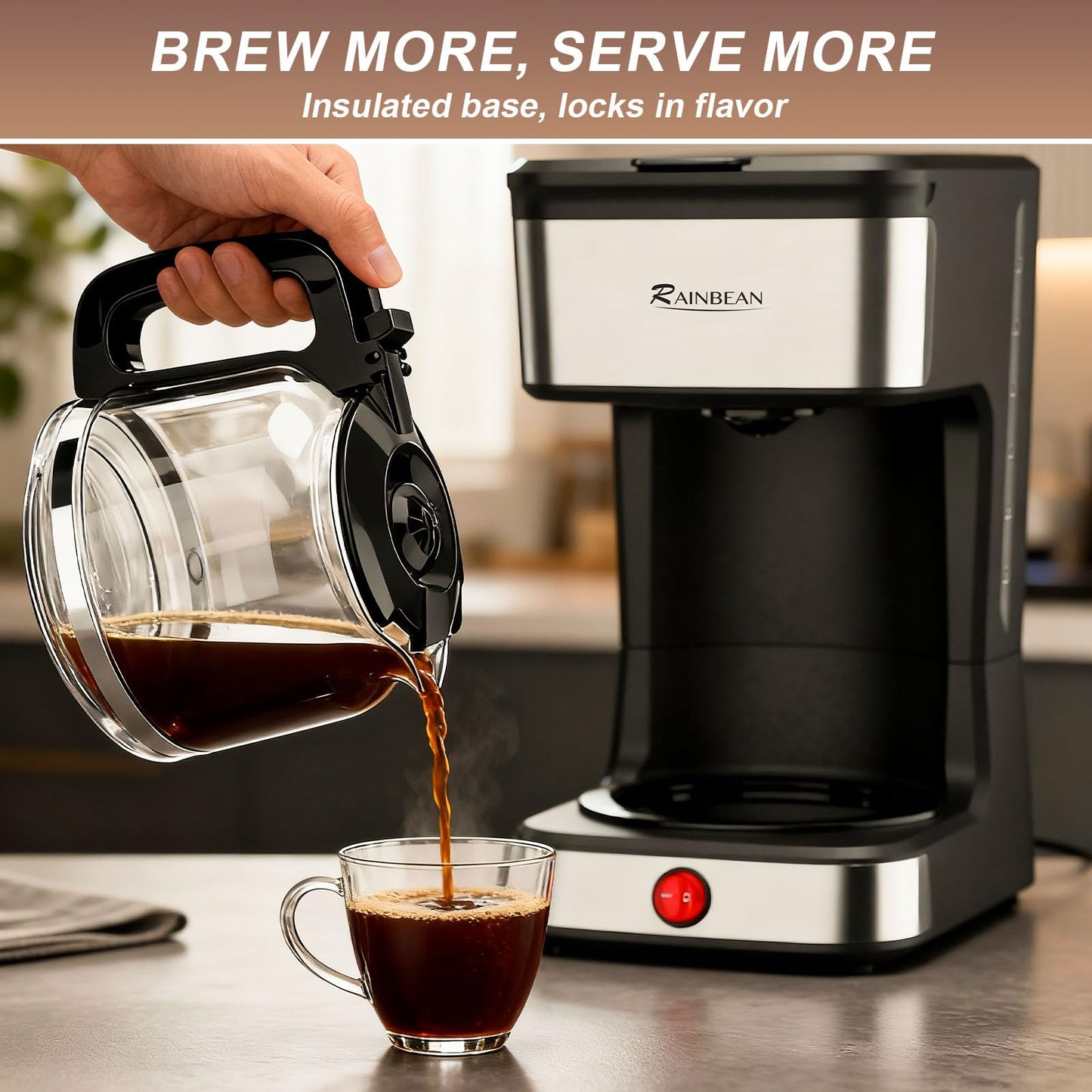 RAINBEAN 12-Cup Drip Coffee Maker,Home/Office Coffee Brewing Machine with Removable Filter,Glass Carafe and Heated Base,Black & Stainless Steel